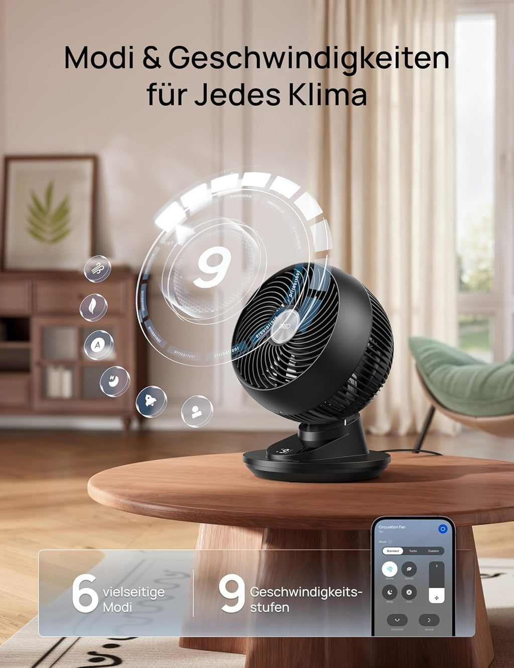 DREO 3D Table Fan, Very Quiet, 22 dB, Small Fan with Remote Control, 8.8 m/s Strong Airflow, 90° Oscillation, App & Voice Control, 9 Levels, 8/12h Timer for Bedroom and Office