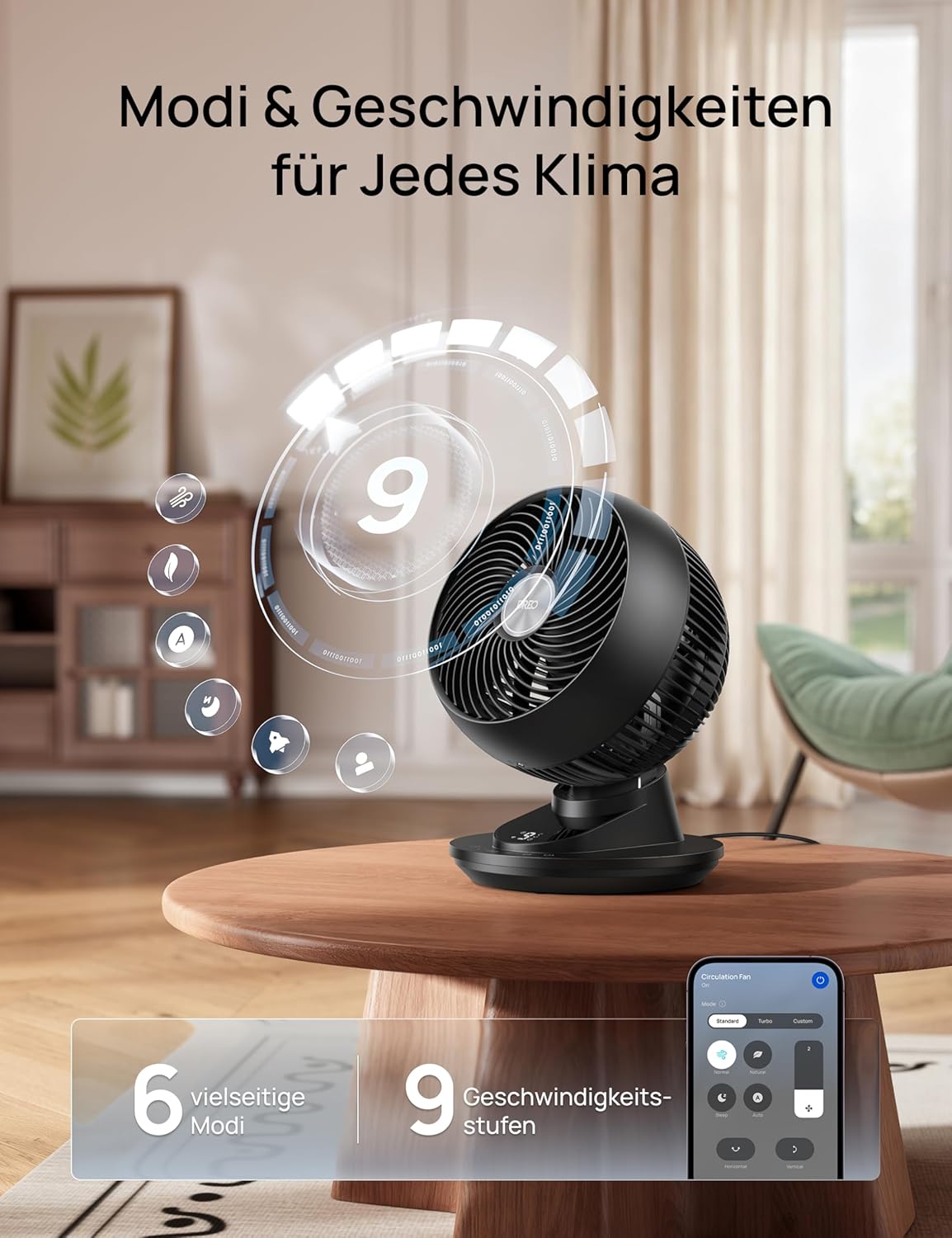 DREO 3D Table Fan, Very Quiet, 22 dB, Small Fan with Remote Control, 8.8 m/s Strong Airflow, 90° Oscillation, App & Voice Control, 9 Levels, 8/12h Timer for Bedroom and Office