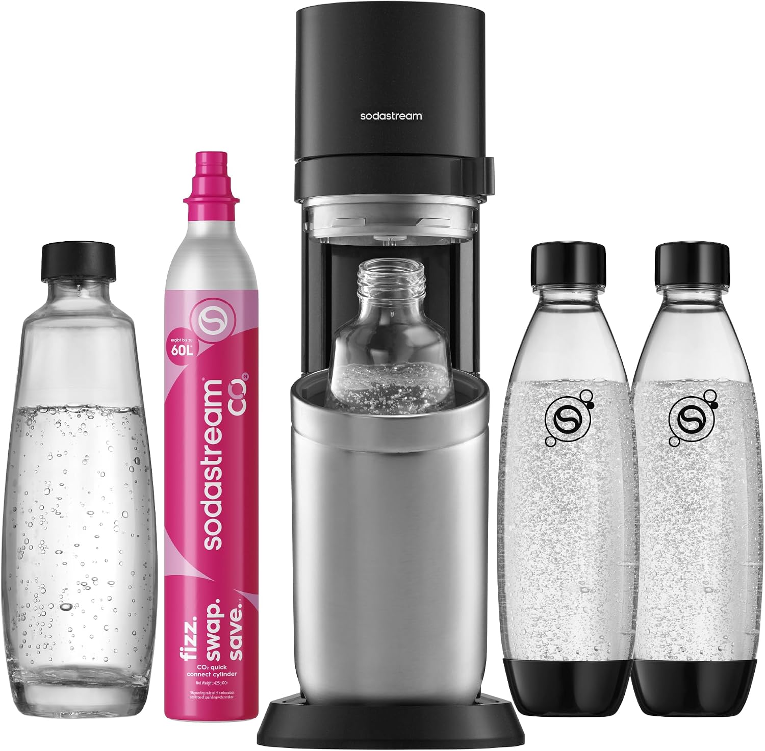 SodaStream Duo Sparkling Water Maker with CO2 Cylinder, 2x 1 Litre Class Bottles and 2x 1 Litre Dishwasher-Safe Plastic Bottles, Height: 44 cm, Colour: Titanium.