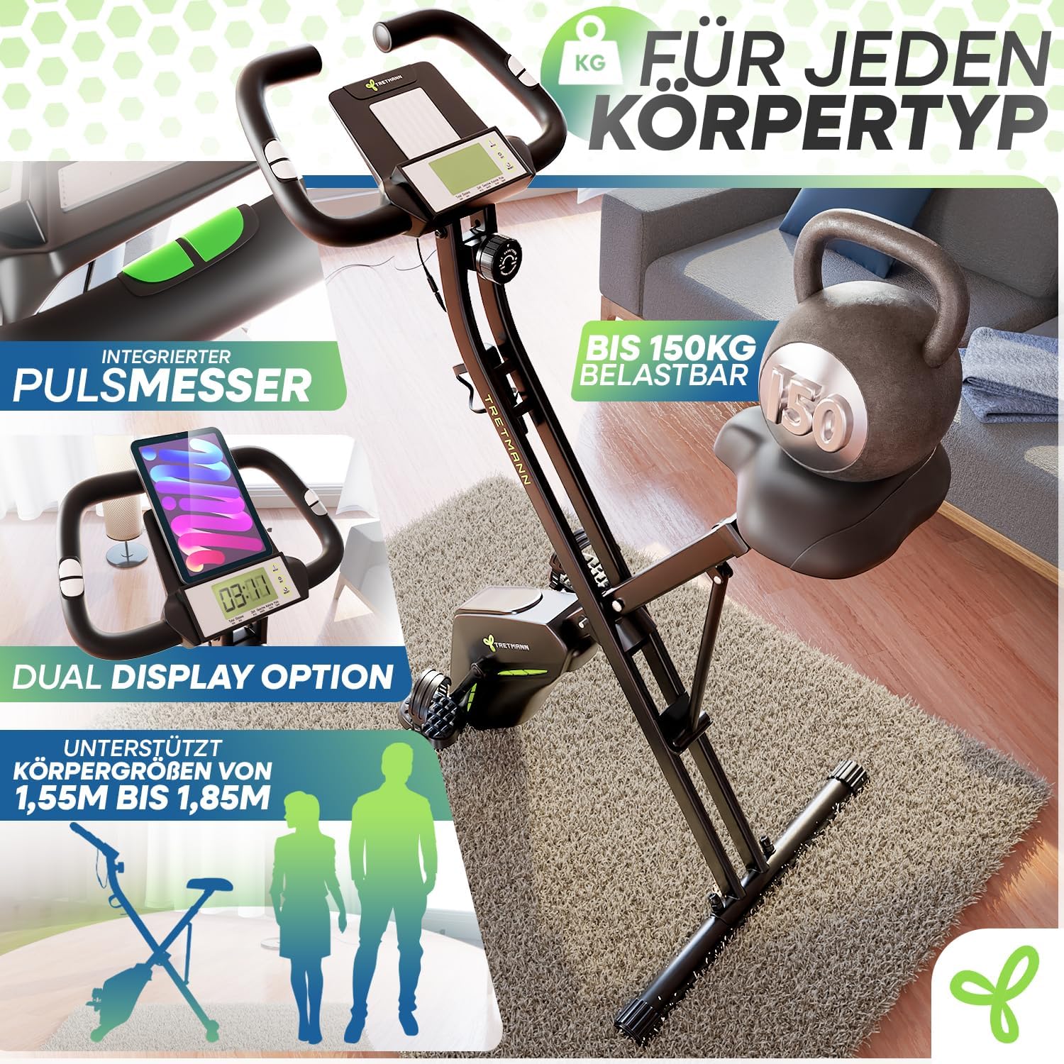 Tretmann Home Trainer Bicycle Folding Set Extra Comfortable & Quiet RelaxFoam up to 150 kg Load Capacity Ergometer, Exercise Bike, Ergometer Exercise Bike Seniors, Fitness Bikes