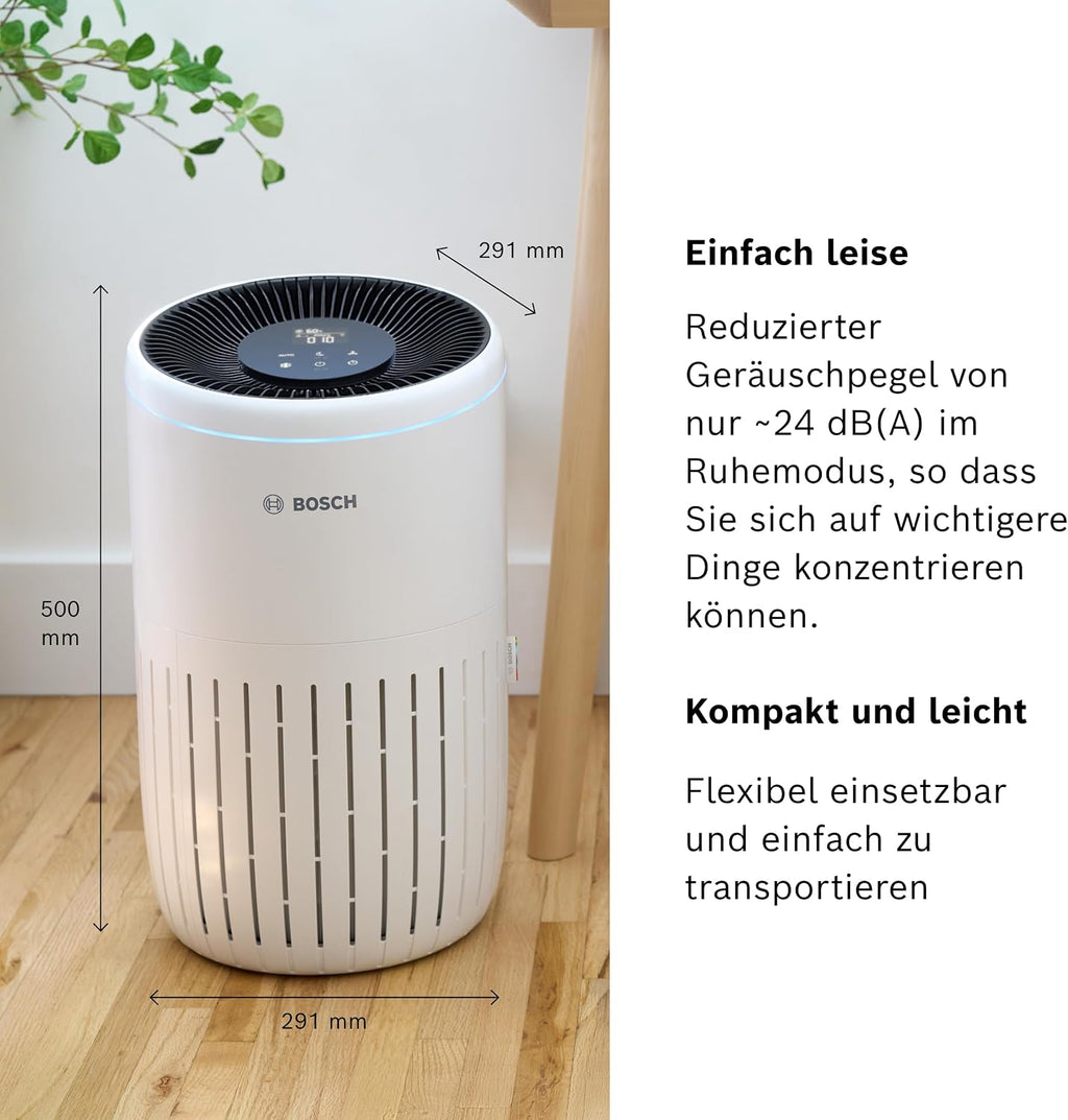 Bosch Air 4000i App-Controlled Air Purifier - For Rooms up to 62.5 m² - Removes Pollutants - With 3-in-1 Air Filter, Smart Sensor, Automatic Mode, Sleep Mode (< 25 dB(A)) - CADR: 300 m³/h