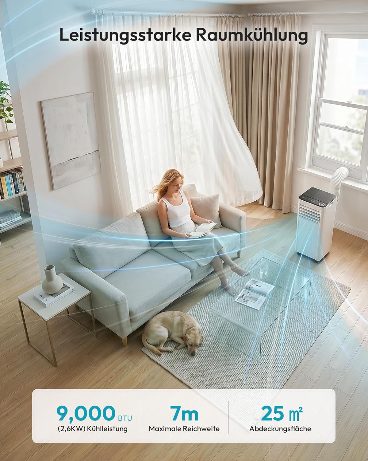 Mobile Air Conditioner 9000 BTU with Exhaust Hose, 4-in-1 Mobile Air Conditioner, Quiet Operation, Digital Display + Remote Control, Window Installation Set, 24-Hour Timer, For Rooms up to 25 m²