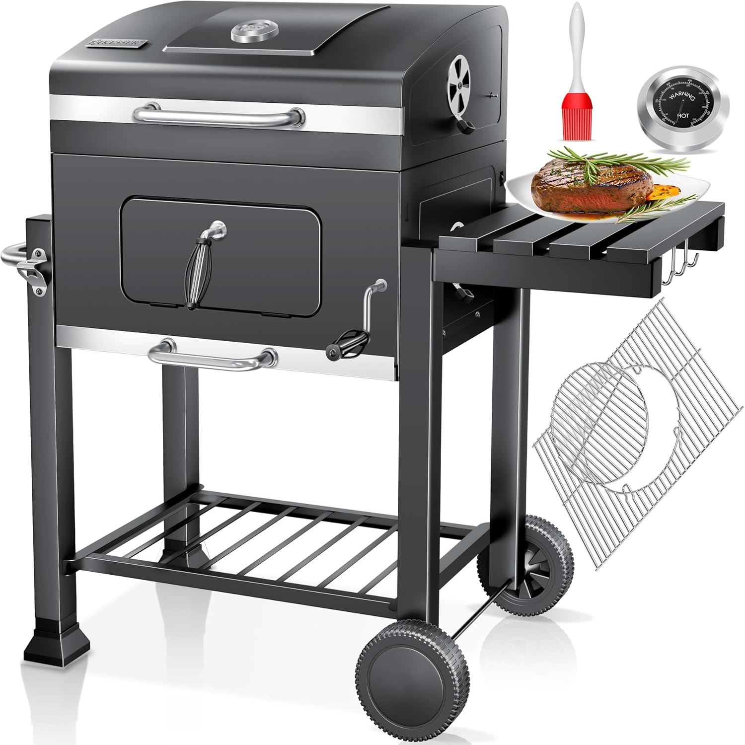 Kesser® Barbecue Trolley, XXL Charcoal Grill with Lid, Wheels, Stainless Steel Handle, Grill Grate and Thermometer, Charcoal Grill Cart, Large, for BBQ, Camping, Patio, Garden (Grey/Silver)