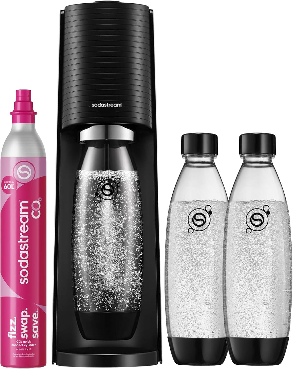 SodaStream TERRA Promopack Water Carbonator with CO2 Cylinder and 3 x 1 L Dishwasher-Safe Plastic Bottles, Height 44 cm, Black