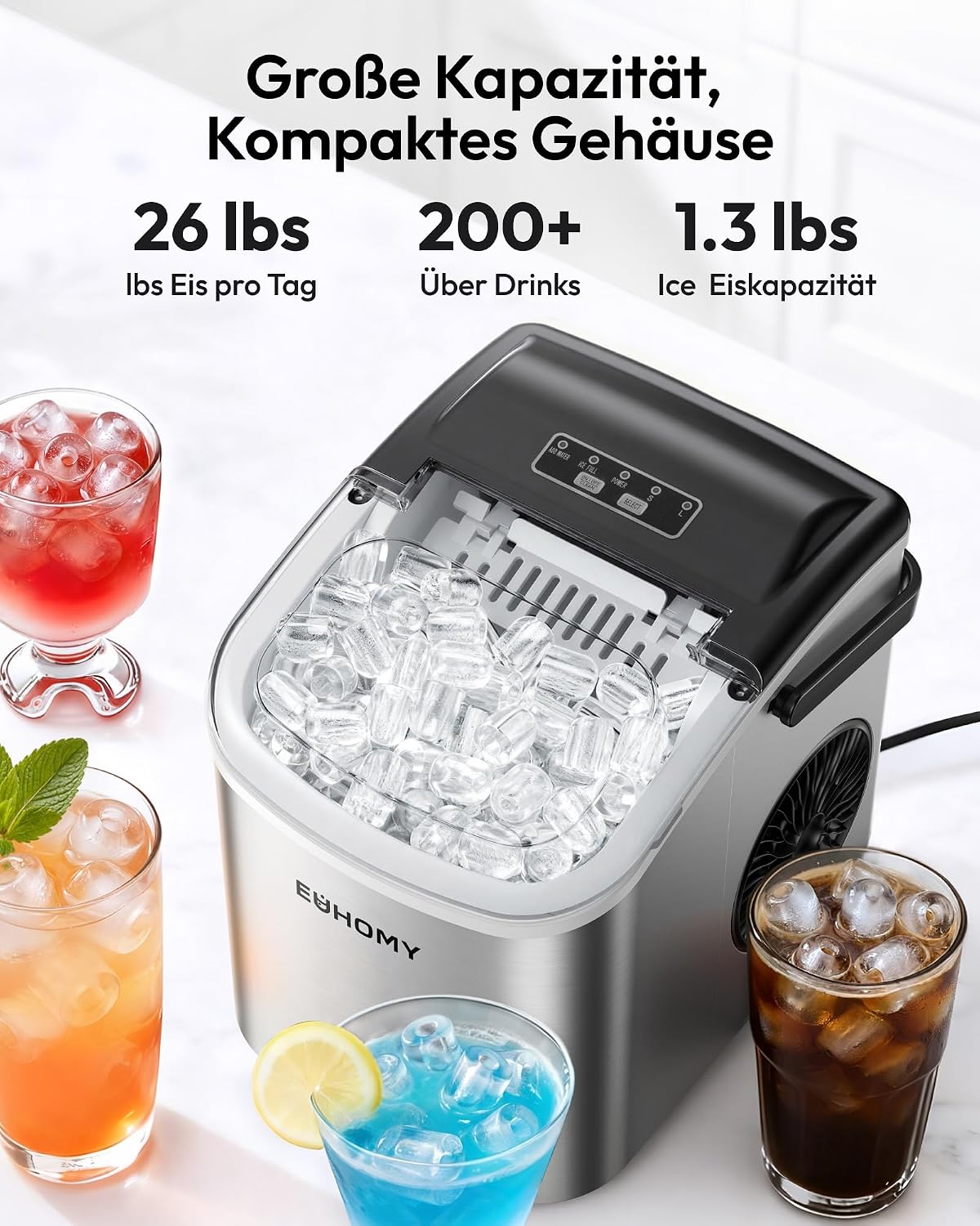 EUHOMY Small Ice Cube Machine, 9 Ice Cubes in 6 Minutes, 12 kg/24 H, Stainless Steel Ice Cube Machine with Portable Handle, Self-Cleaning Compact Ice Cube Machines for Home/Kitchen/Office/Bar
