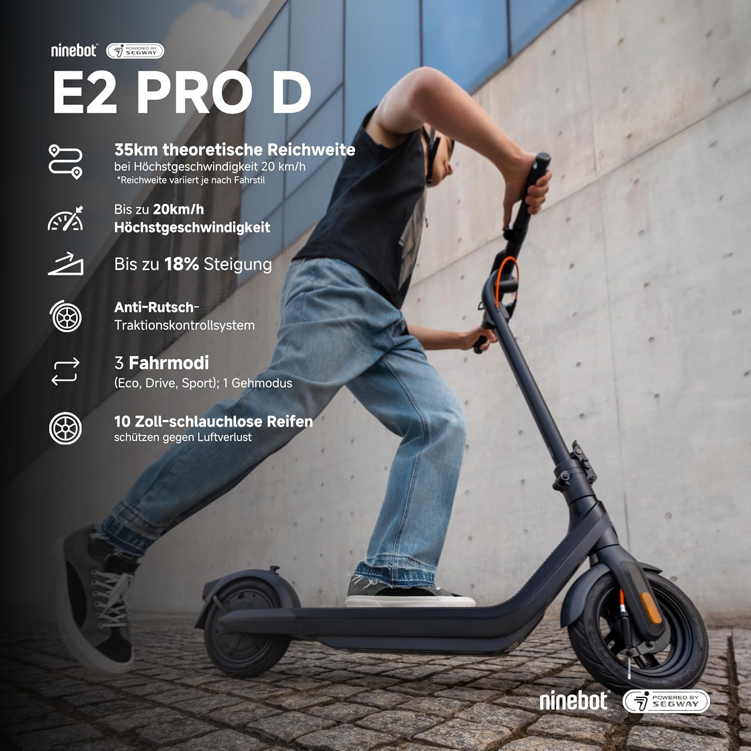 Segway-Ninebot E2 Pro D, E-Scooter mit Straßenzulassung für Erwachsene, max. 20 km/h Geschwindigkeit, 35 km Reichweite, Anti-Rutsch-Traktionskontrollsystem