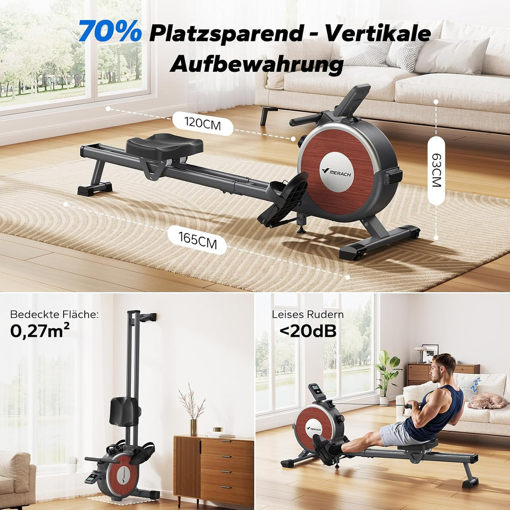MERACH Home Rowing Machine, 16 Resistance Levels, Quiet Magnetic Rowing Machine, Connected via App, Improved Double Rails for More Stability, Easy Assembly (Grey)