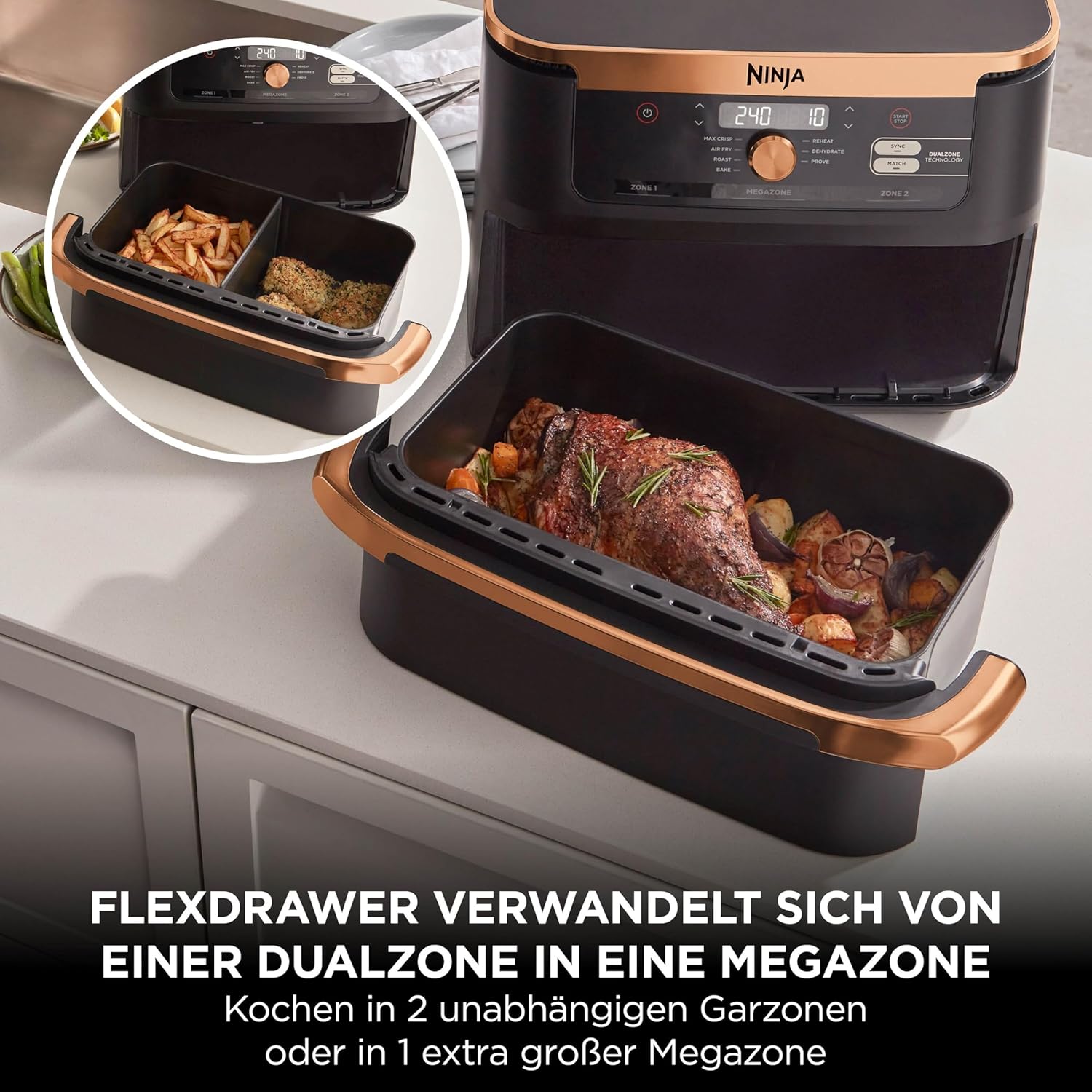 Ninja Foodi FlexDrawer Dual Zone Hot Air Fryer, Air Fryer with 10.4 Compartments and Removable Separator, Non-Stick Coating, Dishwasher Safe Basket, 7-in-1, Black & Copper, AF500EUCP