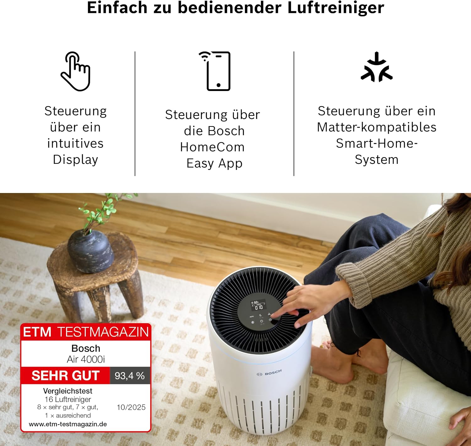 Bosch Air 4000i App-Controlled Air Purifier - For Rooms up to 62.5 m² - Removes Pollutants - With 3-in-1 Air Filter, Smart Sensor, Automatic Mode, Sleep Mode (< 25 dB(A)) - CADR: 300 m³/h
