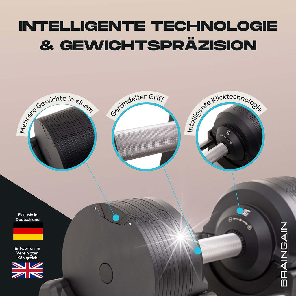 BRAINGAIN Verstellbare Hanteln: Chrom/Schwarz, Krafttraining für Zuhause u