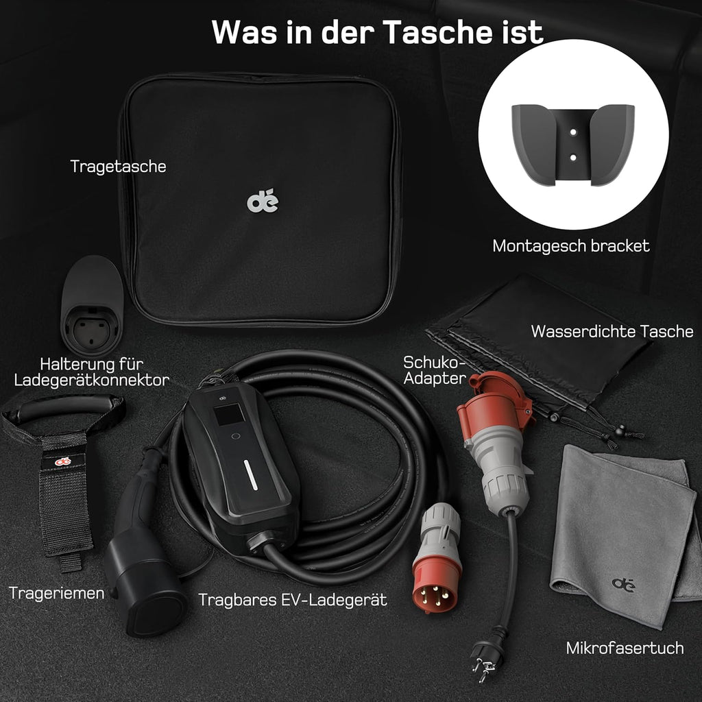 dé Mobile Wallbox/Charging Station 11 kW [3-Phase | 7 m | 6-16 A] with Adjustable Charging Power, Charging Cable CEE 16A to Type 2 and EV Charger for Model Y/3, ID.3/4/5, MG4, EX30, e-up, e-tron, Zoe and Other EV