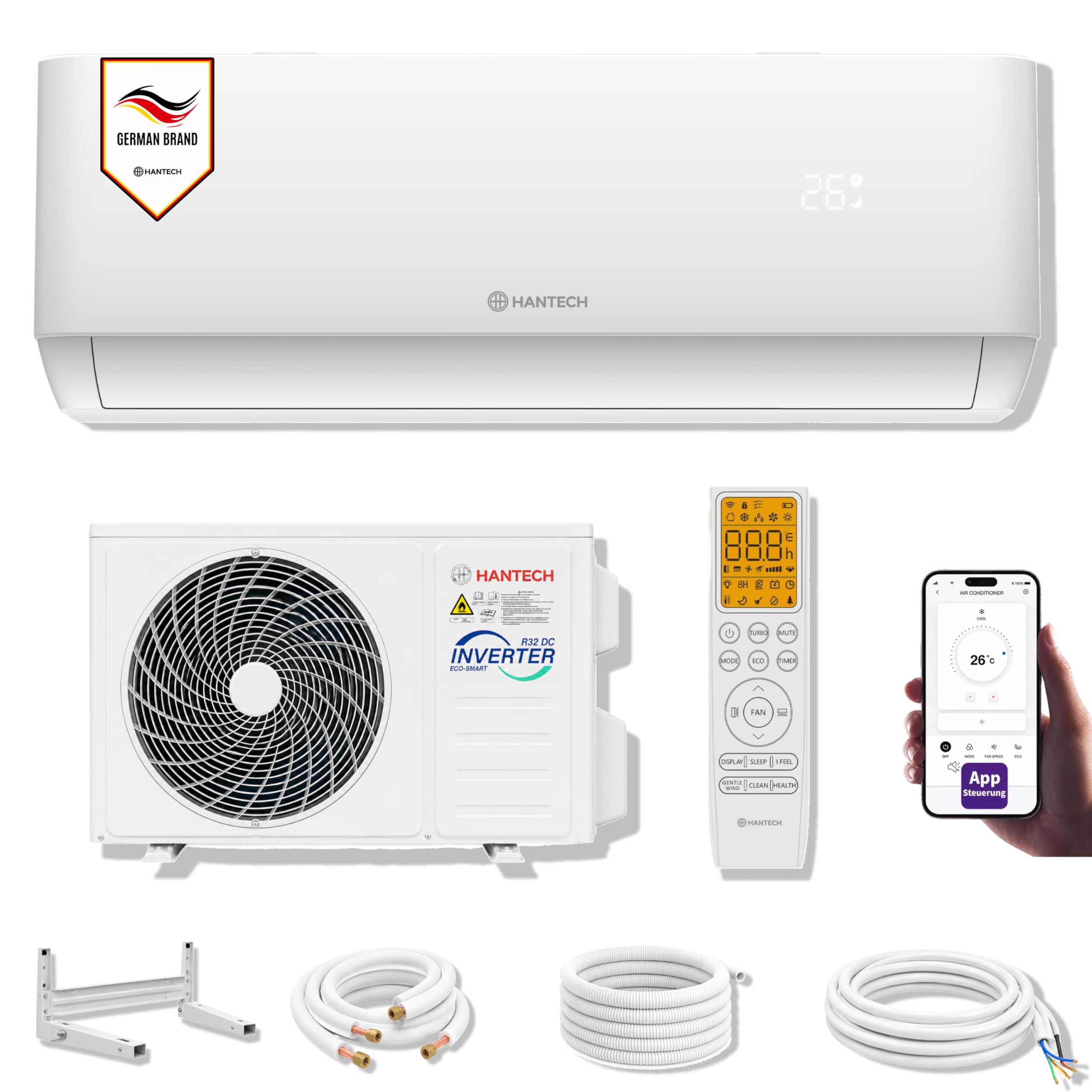 HANTECH H-PRO Split Air Conditioner 12000 BTU for Rooms up to 45 m² as a Complete Set with Copper Lines - Air-to-Air Heat Pump Technology - Smart Home Compatible, WiFi - Heating, Cooling, Dehumidifying