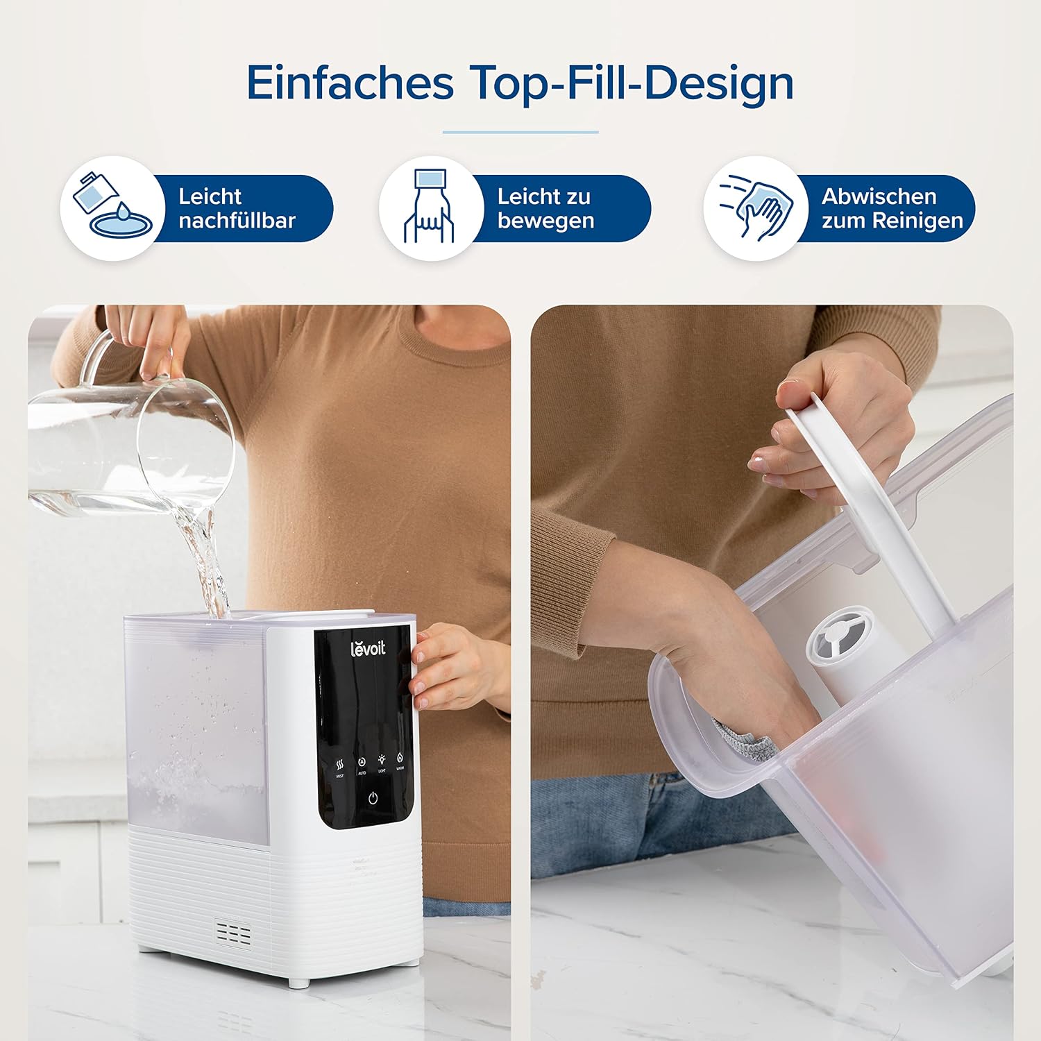 Levoit Smart Luftbefeuchter für große Räume, Top-Fill Humidifier, Warm&Kalter Nebel max 550 ml/h, bis 40㎡, leise Raumbefeuchter mit Nachtlicht für Pflanzen, Auto Shut-off, 4,5 L, Mondweiß