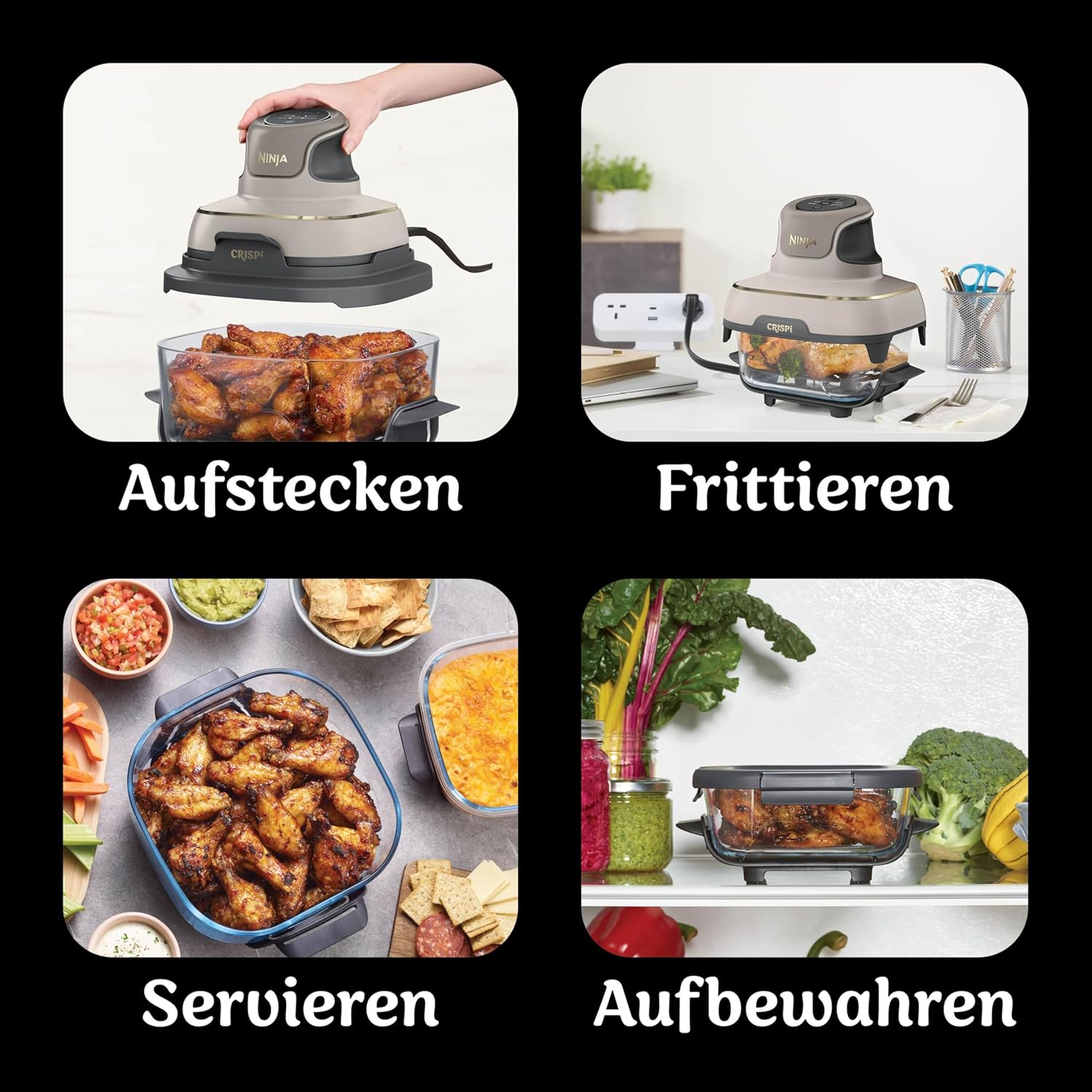 Ninja CRISPi Portable Air Fryer 3.8L 4-in-1: Hot Air Frying, Roasting, Keeping Warm, Recrisp, 6 Servings, 2 Removable Glass Containers & Lids 1700W, Stone Gold FN101EUSTGD