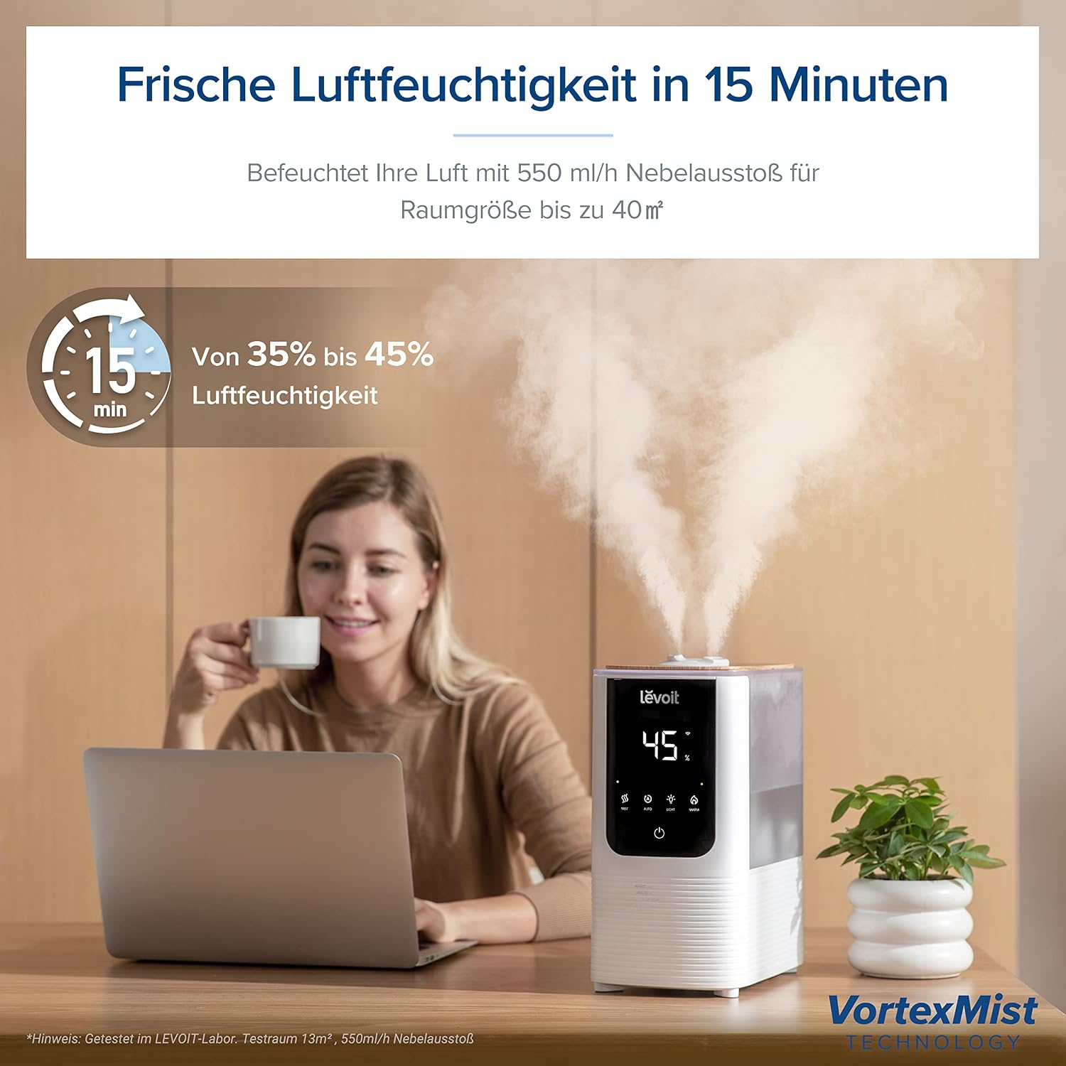 Levoit Smart Luftbefeuchter für große Räume, Top-Fill Humidifier, Warm&Kalter Nebel max 550 ml/h, bis 40㎡, leise Raumbefeuchter mit Nachtlicht für Pflanzen, Auto Shut-off, 4,5 L, Mondweiß