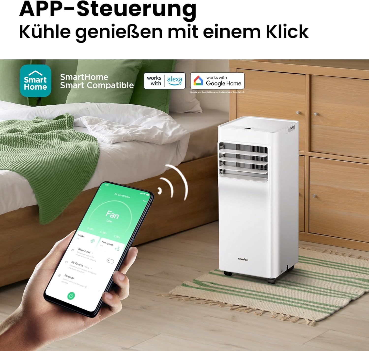 Comfee Breezy Cool Pro 2.6 Mobile Air Conditioner, 9,000 BTU, 2.6 kW, Cooling, Ventilating & Dehumidifying, App Control, Room Size up to 88 m³ (33 m²), with Exhaust Hose