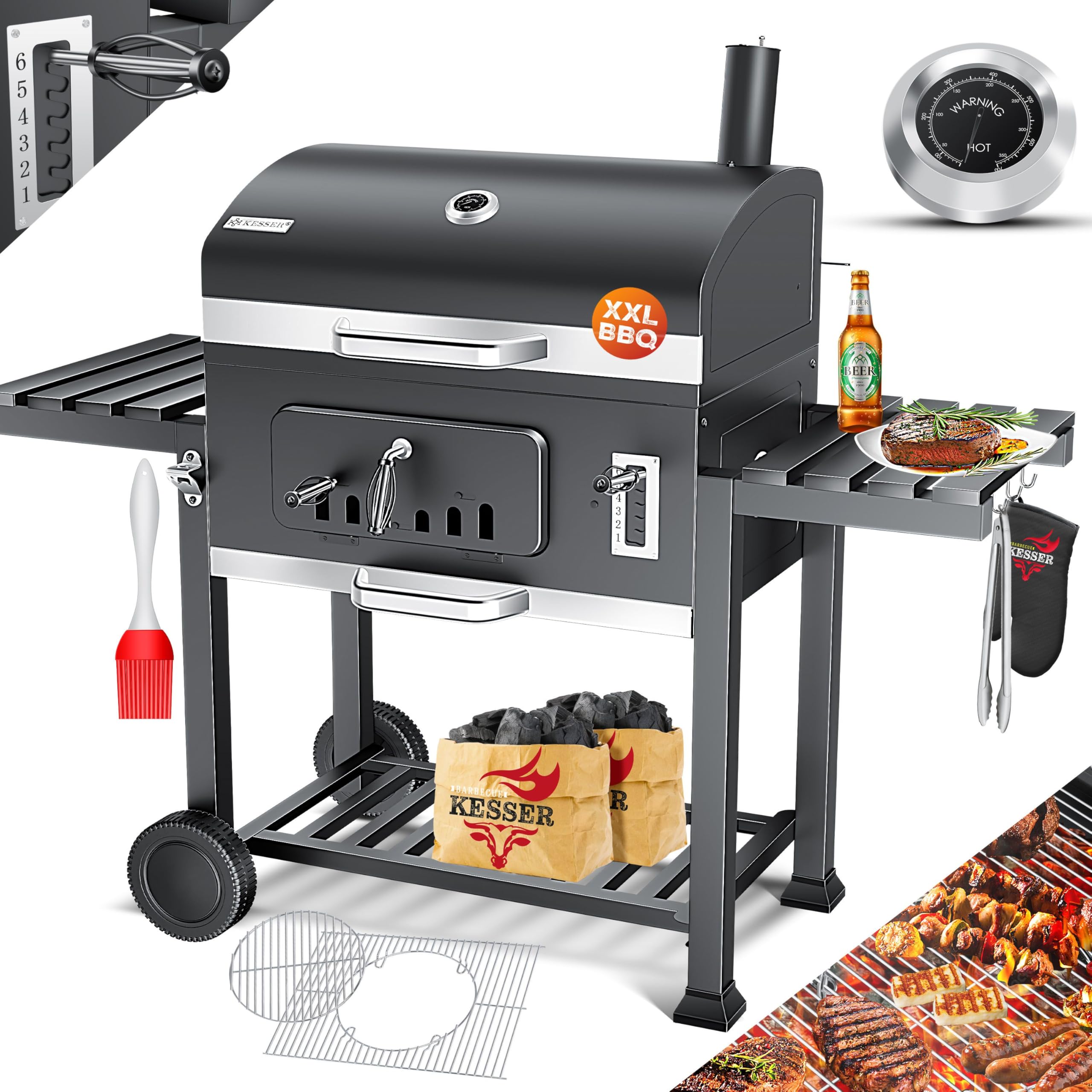 Kesser® Barbecue Trolley, XXL Charcoal Grill with Lid, Wheels, Stainless Steel Handle, Grill Grate and Thermometer, Charcoal Grill Cart, Large, for BBQ, Camping, Patio, Garden (Grey/Silver)