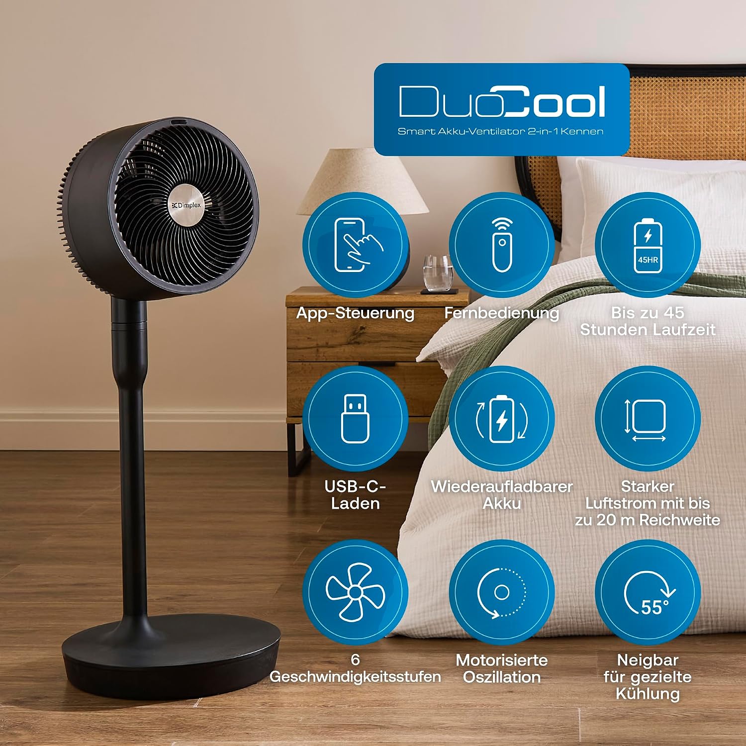 Dimplex Duocool Smart 2-in-1 Cordless Cordless Fan, Stand & Table Fan, 45 Hours Battery, 5 Speeds + Turbo, 20 m Range, Quiet Fan (36 dB), App, Google Home & Alexa, Remote Control