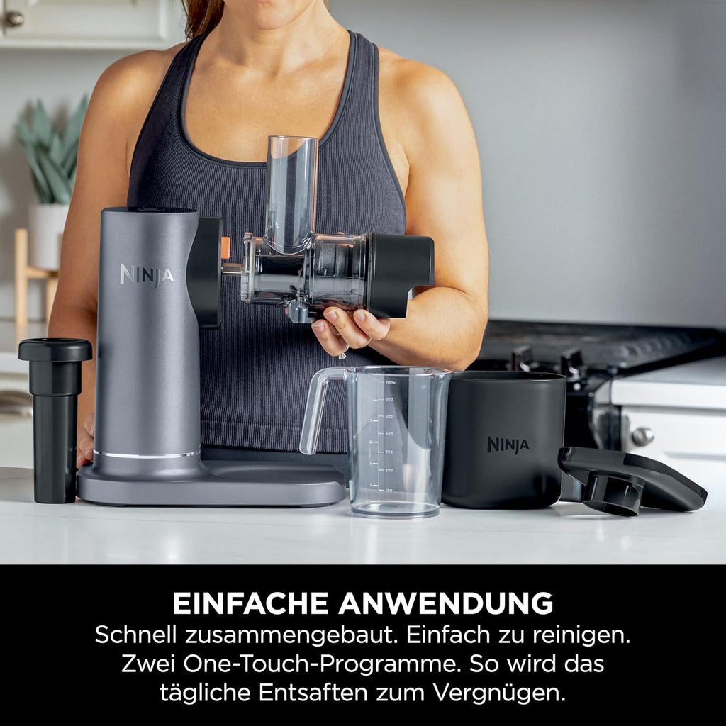Ninja Cold Press Juicer Vegetable and Fruit with 700ml Cup & 1.1L Pulp Container, for Fresh Juices, Drinks & Wellness Shots, Compact, Dishwasher Safe & Removable Parts, Grey JC151EU