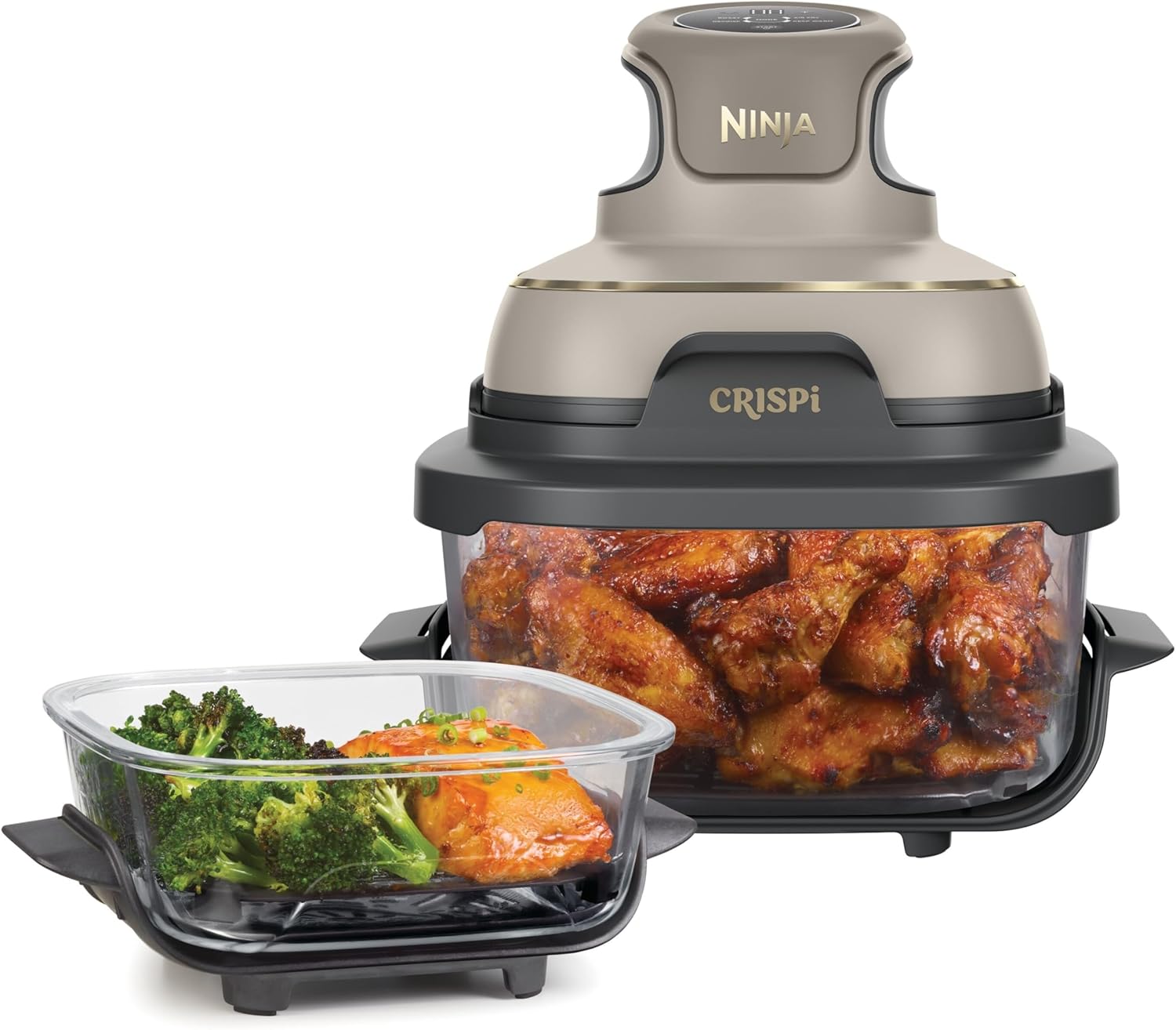 Ninja CRISPi Portable Air Fryer 3.8L 4-in-1: Hot Air Frying, Roasting, Keeping Warm, Recrisp, 6 Servings, 2 Removable Glass Containers & Lids 1700W, Stone Gold FN101EUSTGD