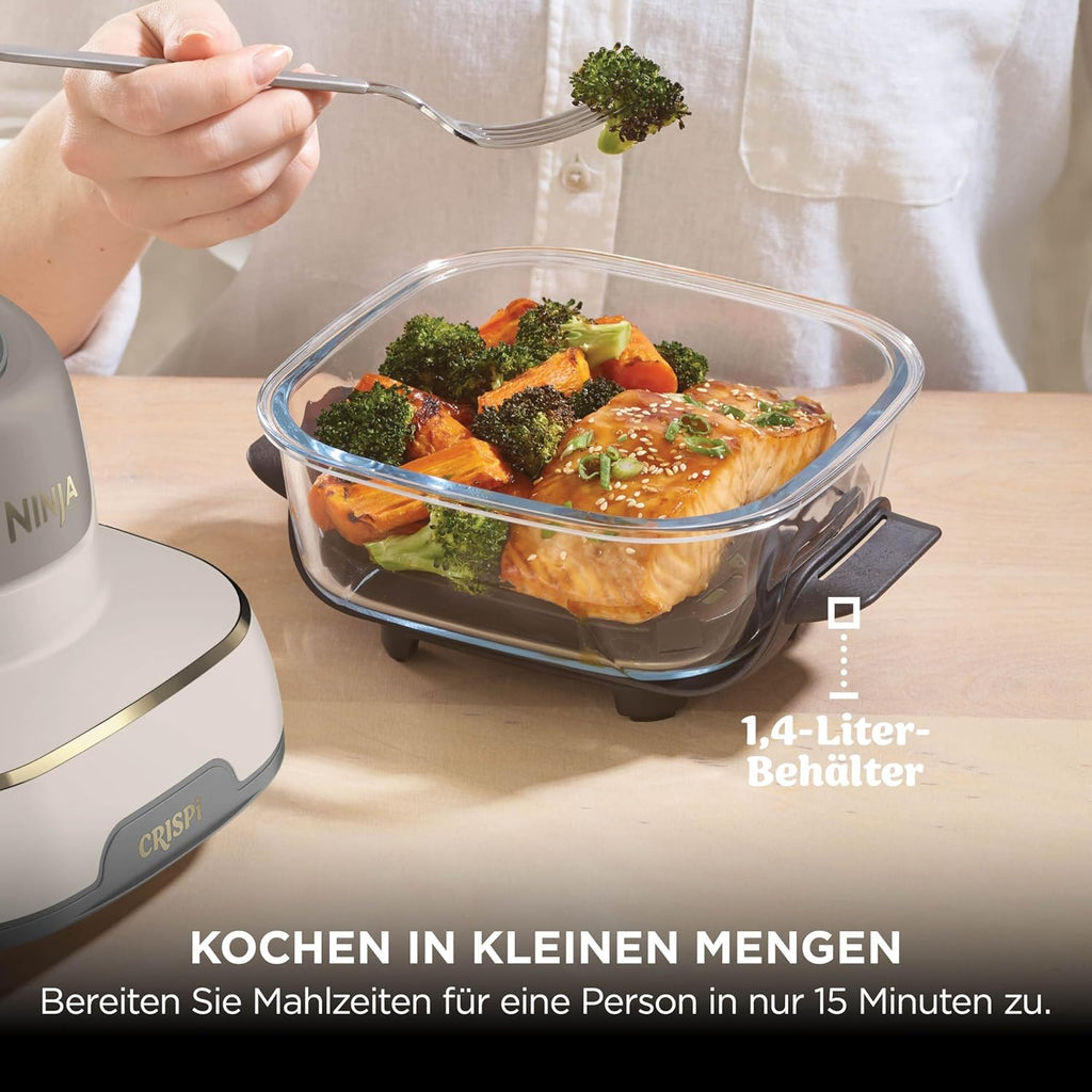 Ninja CRISPi Portable Air Fryer 3.8L 4-in-1: Hot Air Frying, Roasting, Keeping Warm, Recrisp, 6 Servings, 2 Removable Glass Containers & Lids 1700W, Stone Gold FN101EUSTGD