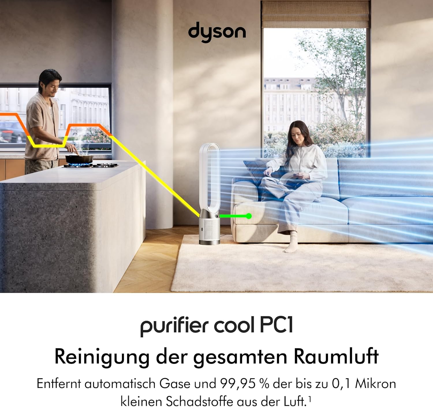 Dyson Purifier Cool™ PC1 Turmventilator Luftreiniger mit HEPA‑H13‑Filter – Leistungsstarke Kühlung & Luftreinigung für Räume bis 23qm, Steuerung über App‑ & Fernbedienung, 350° Rotation (Weiß)