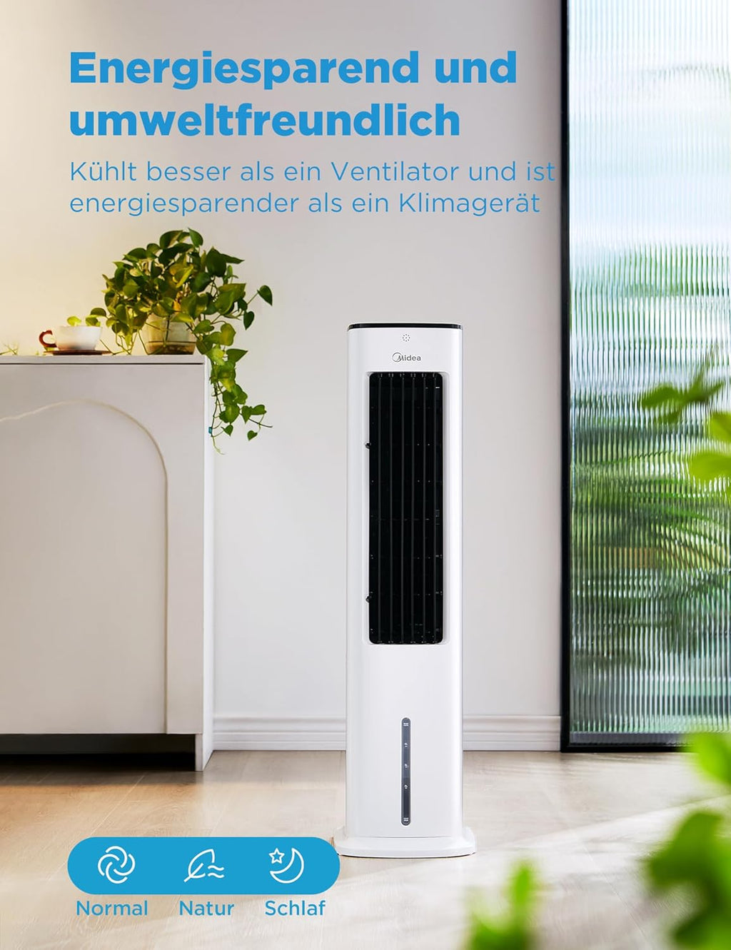 Midea Silent Air Cooler Pro 4-in-1 Mobile Air Conditioning Quiet: Air Cooler, Tower Fan, Humidifier and Air Purifier, with Remote Control, 5 L Water Tank, 355 m³/h Air Flow, 55 W, LED Display, Timer, White
