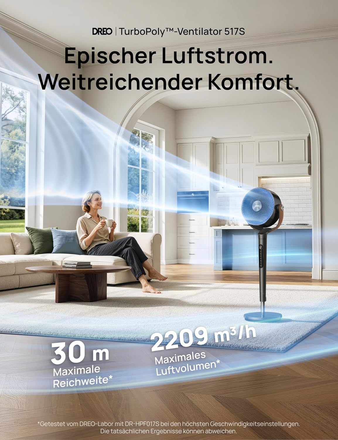 DREO 20dB Quiet Smart Floor Fan for Bedroom with RGB LED, 150° + 120° Oscillation, 30 m Air Circulation Fan and 2209 m³/h Air Volume, 12 Speeds, 6 Modes, 94-107 cm Height, WLAN & Alexa
