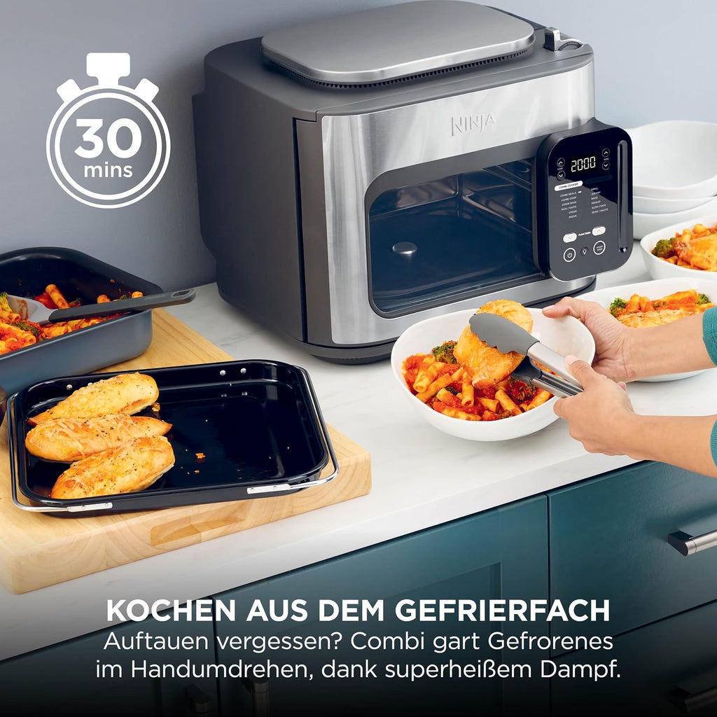Ninja Combi 12-in-1 Multikocher, Ofen & Heißluftfritteuse, 12 Kochfunktionen, Air Fryer & Grillen Zubereitung in 15 Min*, mit Backblech, Pfanne, Crisper Gittereinsatz, Rezeptanleitung, Grau, SFP700EU.