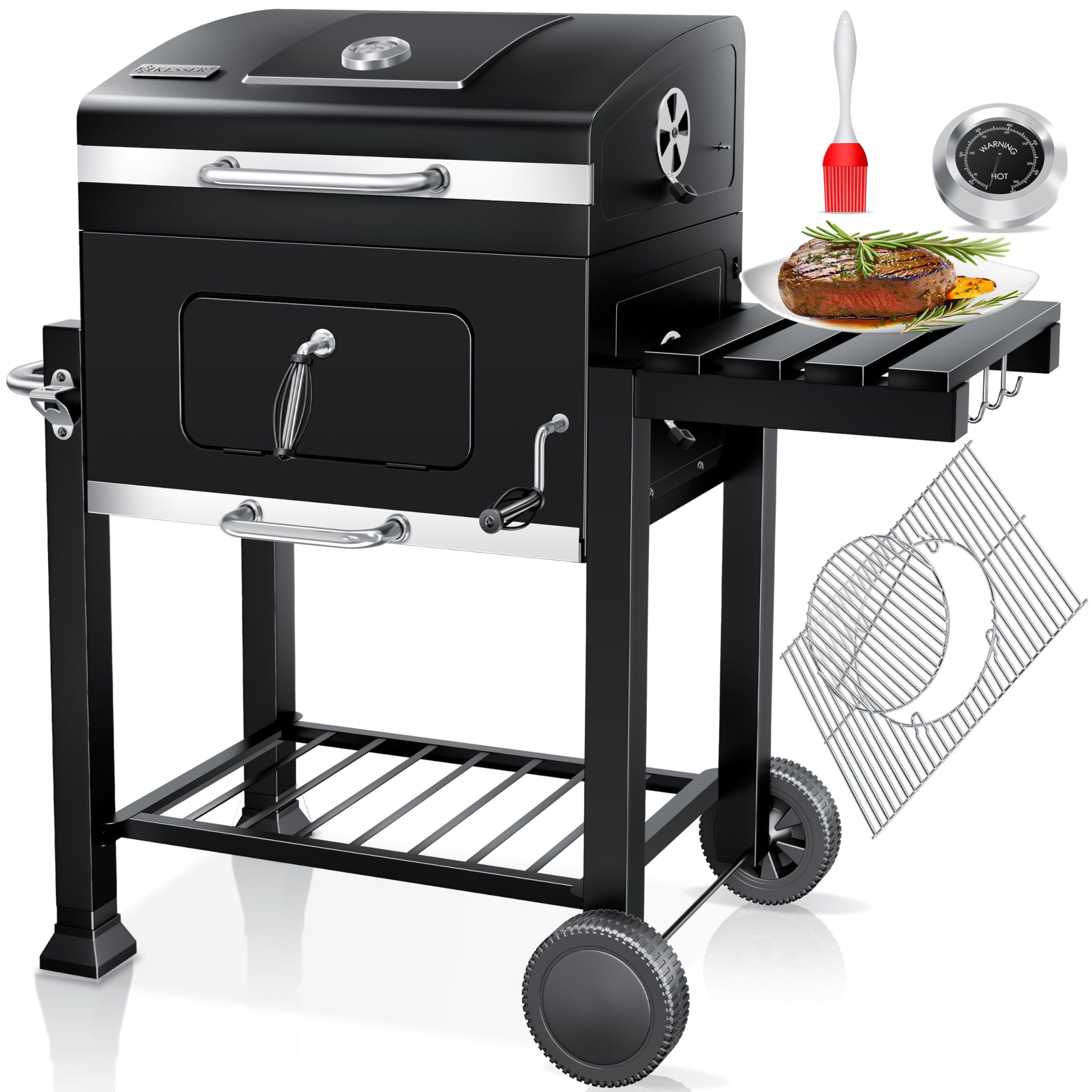 Kesser® Barbecue Trolley, XXL Charcoal Grill with Lid, Wheels, Stainless Steel Handle, Grill Grate and Thermometer, Charcoal Grill Cart, Large, for BBQ, Camping, Patio, Garden (Grey/Silver)