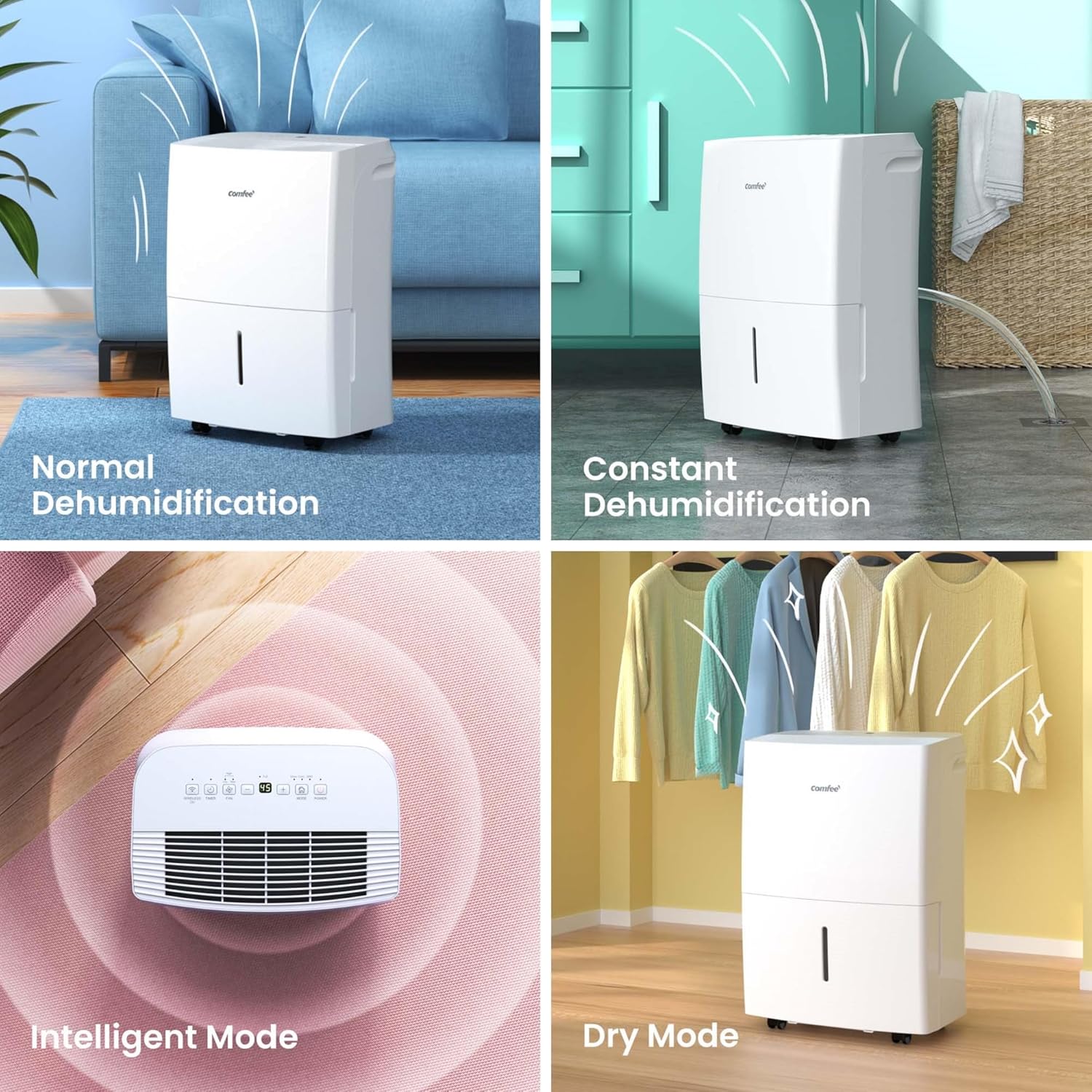 Comfee Dehumidifier 20L/24h, Room size approx. 100m³ (40m²), APP-compatible, Smart mode, 24-hour timer, 3L water tank, Against moisture, MDDF-20DEN7-WF