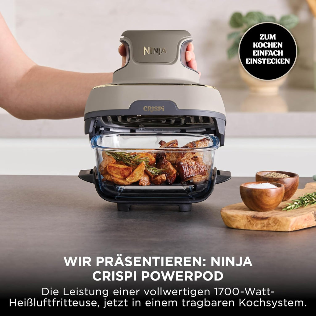 Ninja CRISPi Portable Air Fryer 3.8L 4-in-1: Hot Air Frying, Roasting, Keeping Warm, Recrisp, 6 Servings, 2 Removable Glass Containers & Lids 1700W, Stone Gold FN101EUSTGD