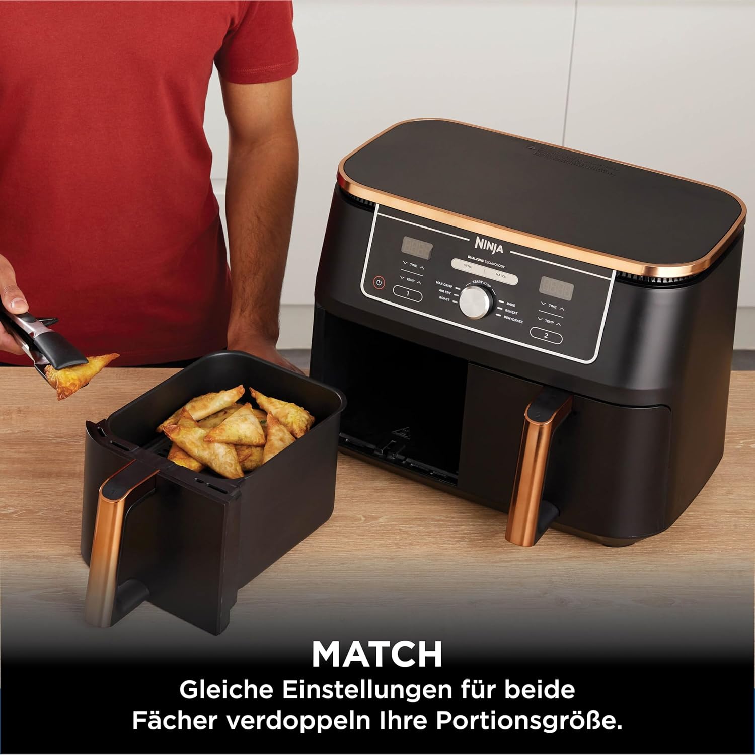 Ninja Foodi MAX Dual Zone Hot Air Fryer [AF400EUCP] Amazon Exclusive, ‎2470 Watt, 9.5 L, 2 Hot Air Fryer Compartments, 6 Functions, 27 x 41.5 x 32.5 cm, Copper/Black