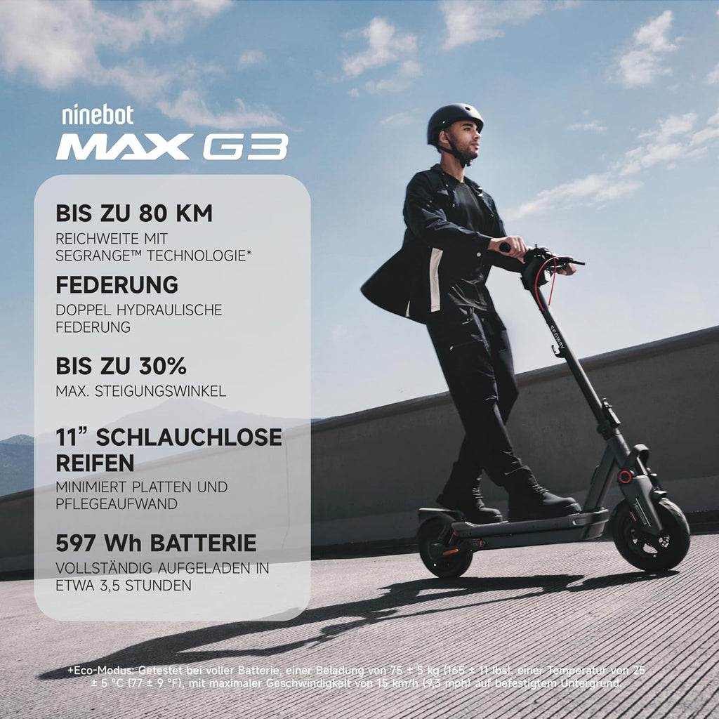 Segway-Ninebot MAX G3 D, E-Scooter mit Deutscher Straßenzulassung, 80 km Eco Modus Reichweite, 75km im Sport Modus, doppelte hydraulische Federung, 130 kg Tragkraft, Smart Display, 3,5 h Ladezeit