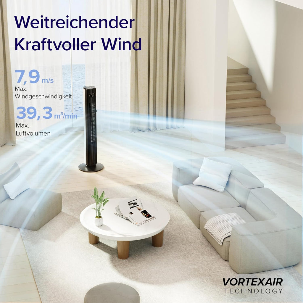 Levoit - DC Motor Large Tower Fan - Very Quiet Fan - 4 Modes / 12 Levels / 12 Hours Timer - Remote Control Cooling Tower Fan with 7.9 m/s Speed - 90° Oscillating - Pearl White, 106 cm