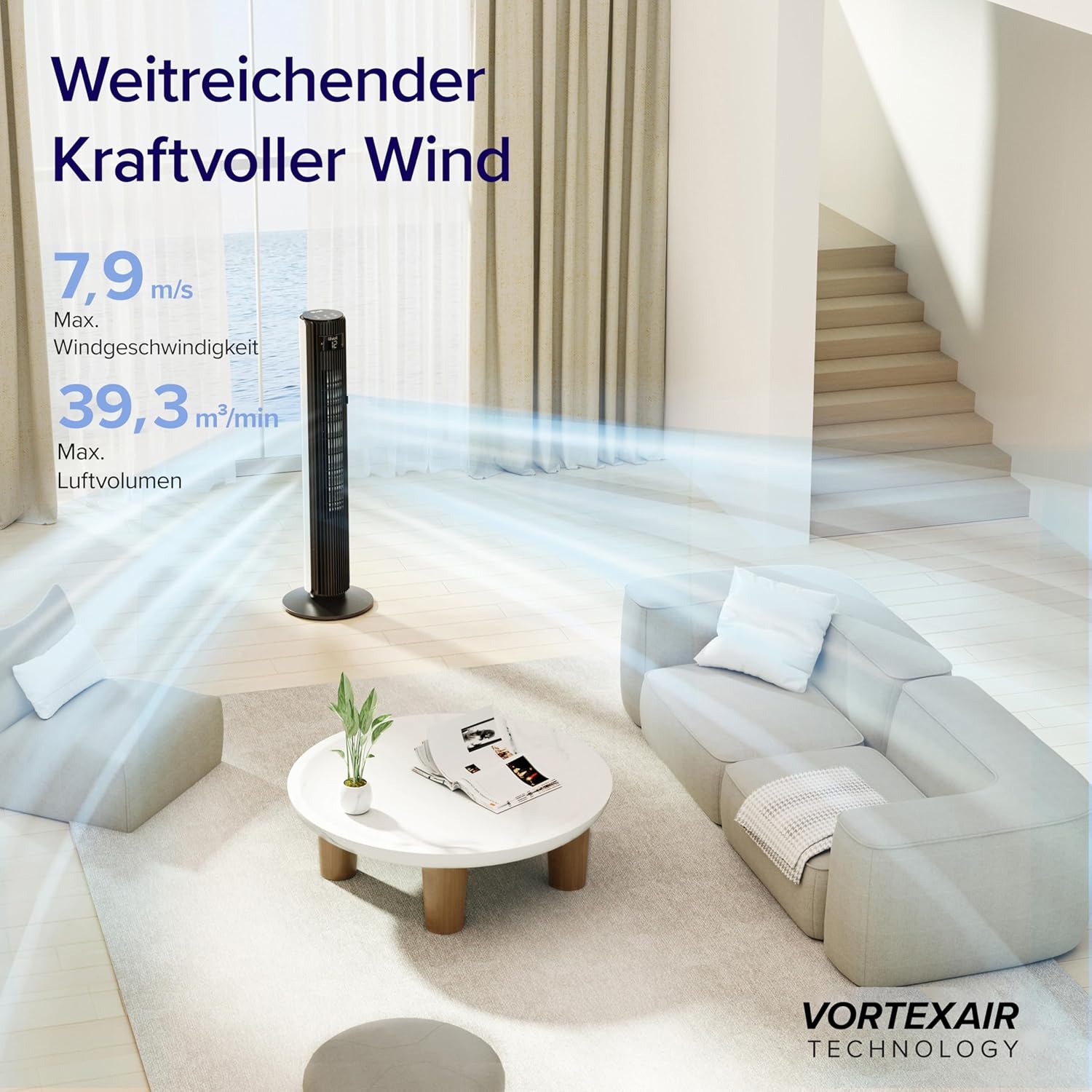 Levoit - DC Motor Large Tower Fan - Very Quiet Fan - 4 Modes / 12 Levels / 12 Hours Timer - Remote Control Cooling Tower Fan with 7.9 m/s Speed - 90° Oscillating - Pearl White, 106 cm