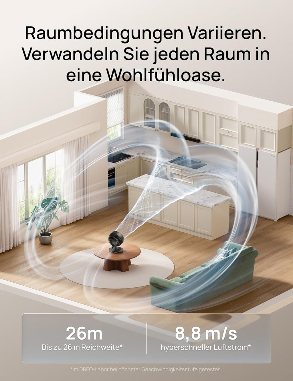 DREO 3D Table Fan, Very Quiet, 22 dB, Small Fan with Remote Control, 8.8 m/s Strong Airflow, 90° Oscillation, App & Voice Control, 9 Levels, 8/12h Timer for Bedroom and Office