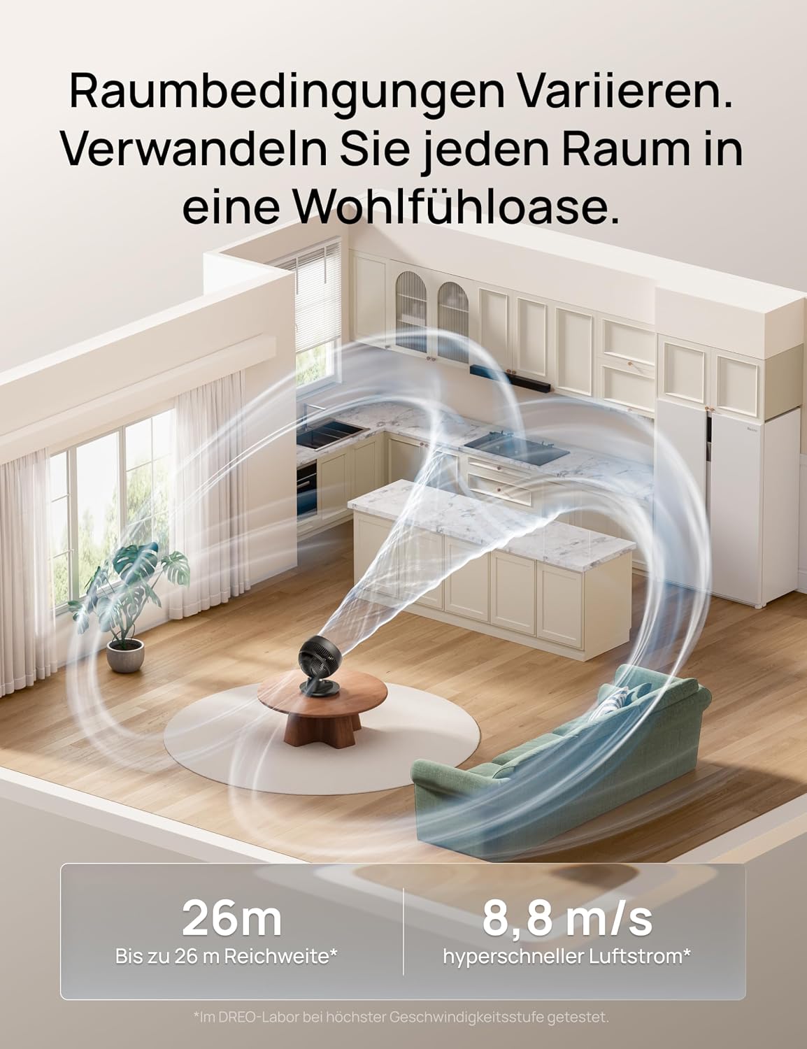 DREO 3D Table Fan, Very Quiet, 22 dB, Small Fan with Remote Control, 8.8 m/s Strong Airflow, 90° Oscillation, App & Voice Control, 9 Levels, 8/12h Timer for Bedroom and Office