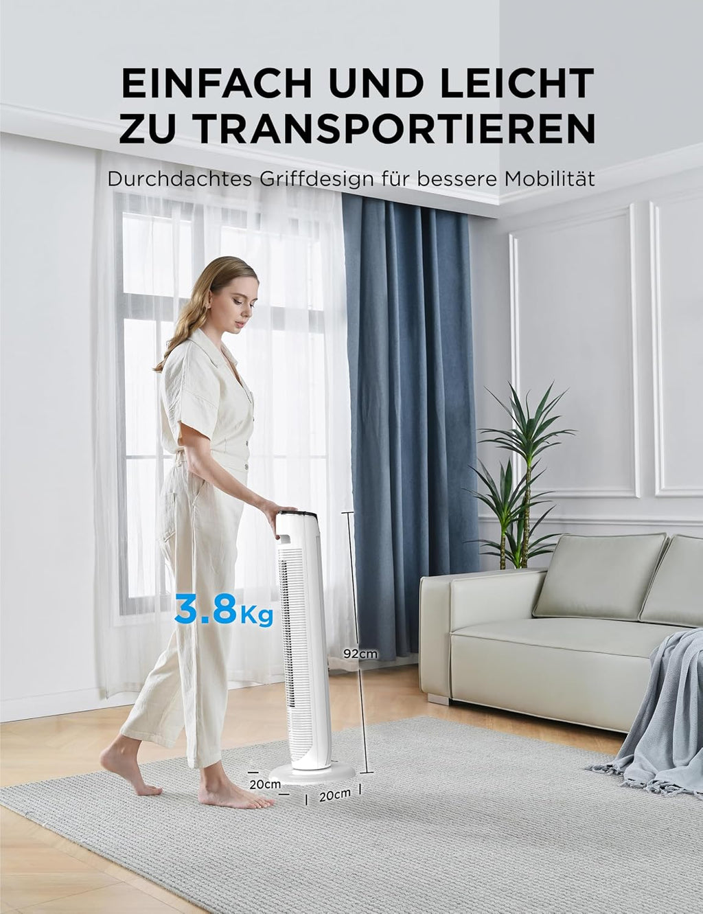 Midea FZ10-17JR(WH) Turmventilator Leise mit Fernbedienung 92CM, mobiler Lüfter,Ventilator Säulenventilator,7 Stunden Timer,3 Modi,3 Geschwindigkeiten,45W Standventilator, Weiß