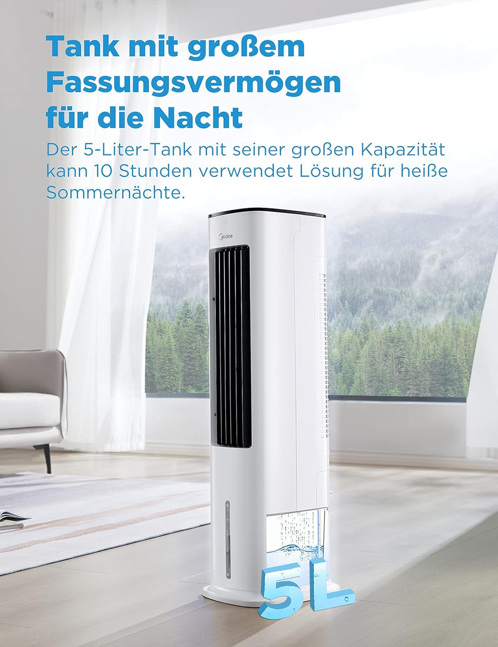 Midea Silent Air Cooler Pro 4-in-1 Mobile Air Conditioning Quiet: Air Cooler, Tower Fan, Humidifier and Air Purifier, with Remote Control, 5 L Water Tank, 355 m³/h Air Flow, 55 W, LED Display, Timer, White