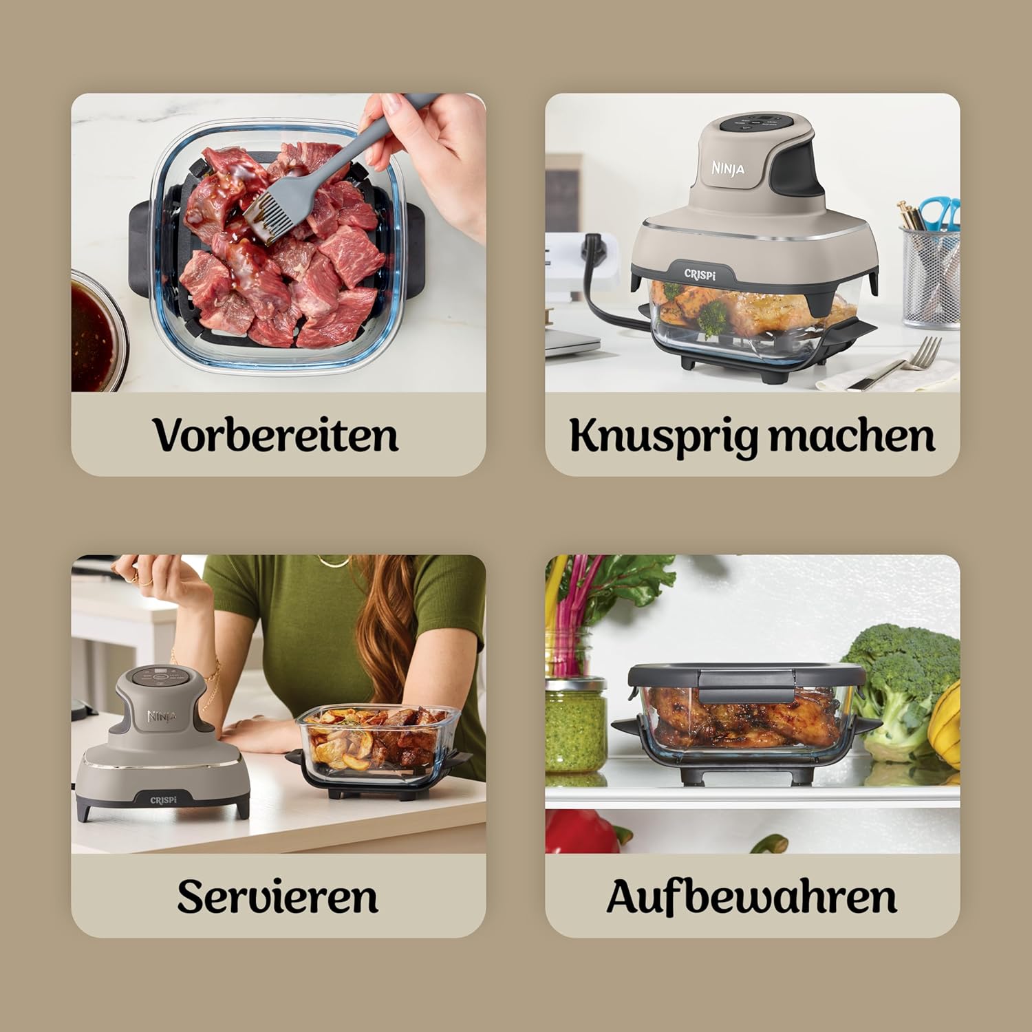Ninja CRISPi Portable Air Fryer Hot Air Fryer, 3.8L, 4-in-1: Hot Air Frying, Roasting, Keeping Warm, Recrisp, Compact, 6 Servings, 2 Removable Glass Containers & Lid, 1700W, Stein FN101EUST