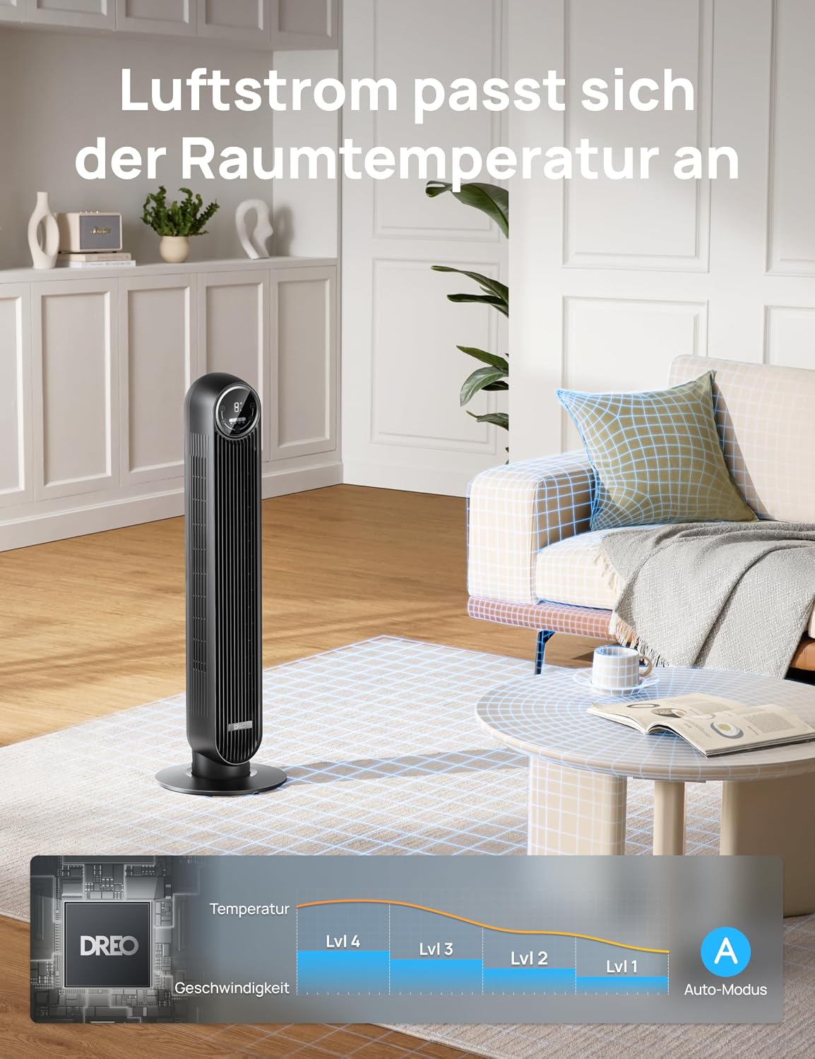 DREO Quiet Tower Fan, 10 m Throwing Distance 4 Speed Levels 4 Modes 8 Hours Timer 90° Oscillating Fan with Cooling Remote Control for Bedroom, Tower Fan 307, Black