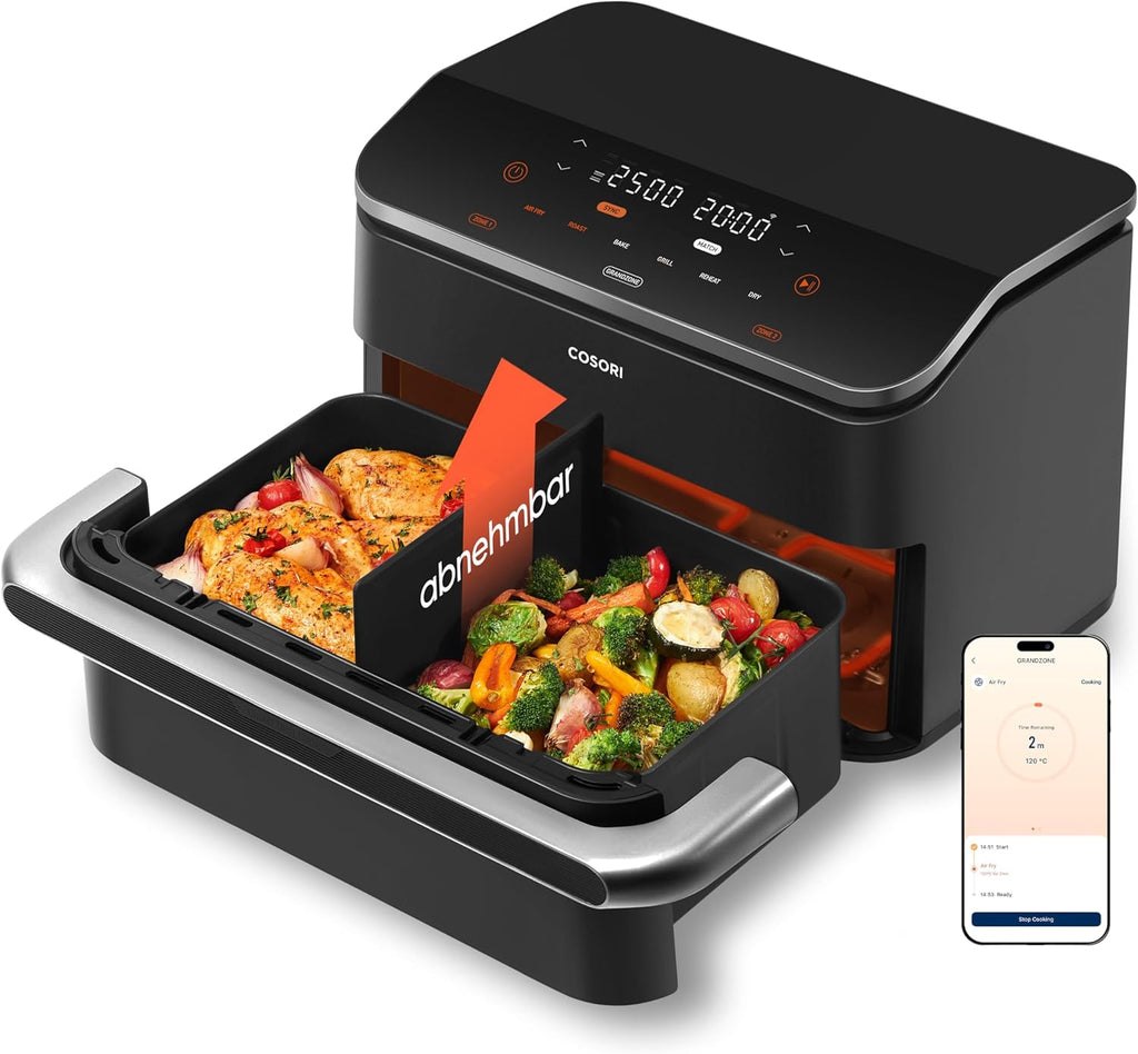 COSORI Hot Air Fryer 2 Chambers, Dual Blaze TwinFry 10L Airfryer, with 4 Heating Pipes and Flexible Chambers, Even Heat Distribution, Temperature up to 240 °C, Black, TF102S