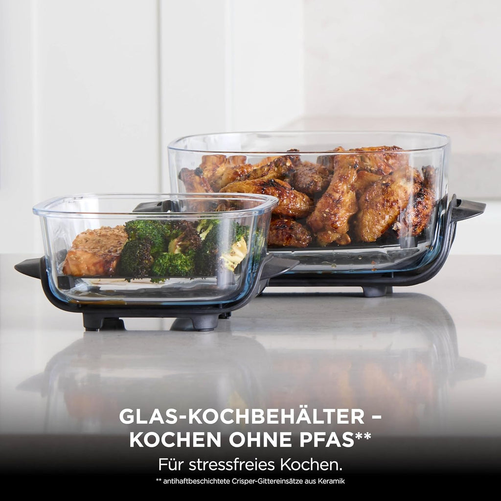 Ninja CRISPi Portable Air Fryer 3.8L 4-in-1: Hot Air Frying, Roasting, Keeping Warm, Recrisp, 6 Servings, 2 Removable Glass Containers & Lids 1700W, Stone Gold FN101EUSTGD