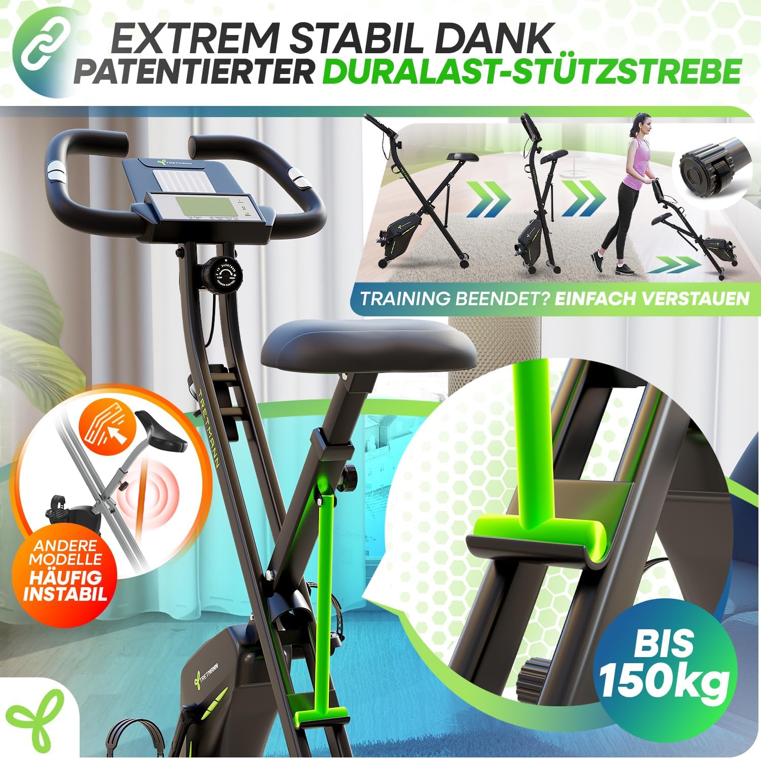 Tretmann Home Trainer Bicycle Folding Set Extra Comfortable & Quiet RelaxFoam up to 150 kg Load Capacity Ergometer, Exercise Bike, Ergometer Exercise Bike Seniors, Fitness Bikes