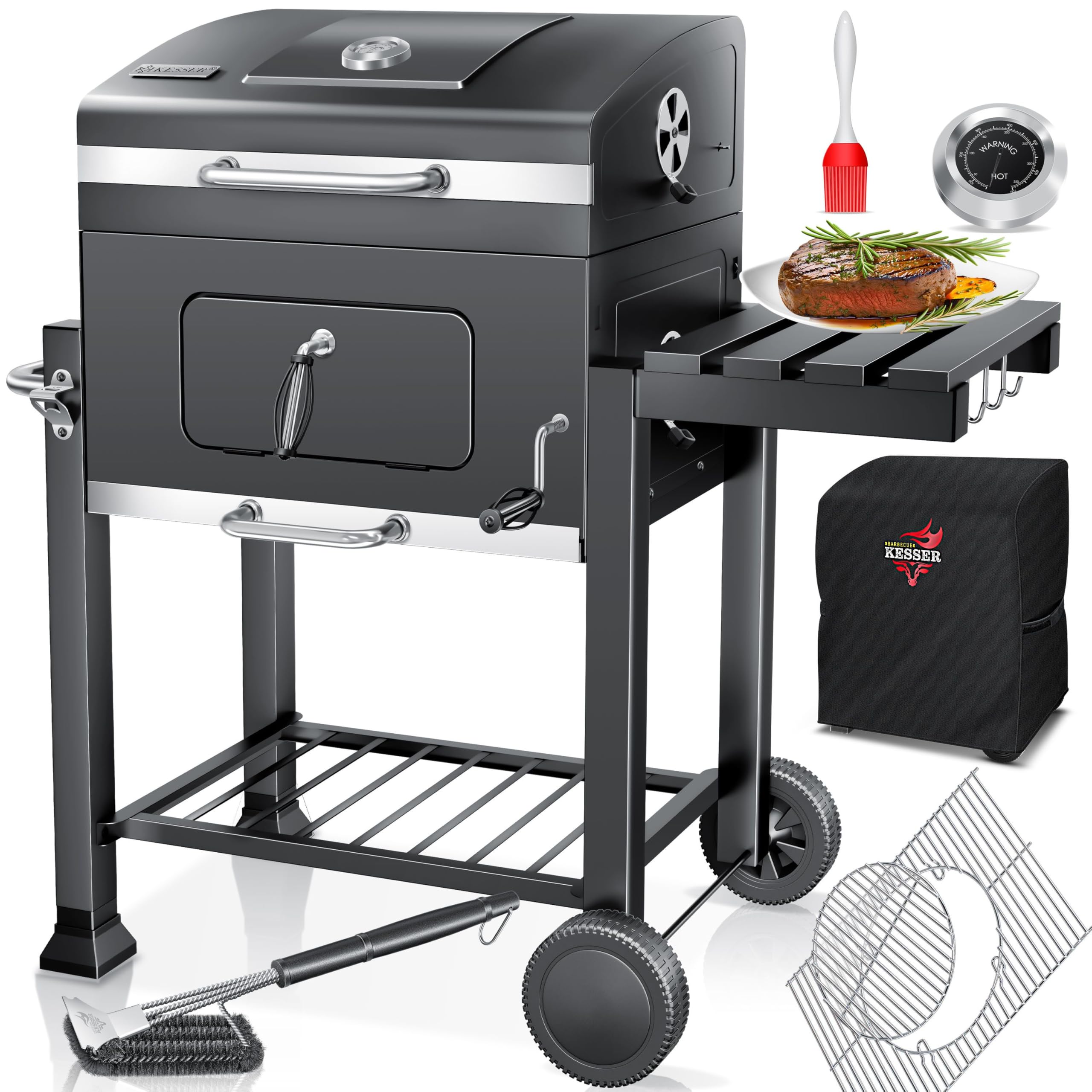 Kesser® Barbecue Trolley, XXL Charcoal Grill with Lid, Wheels, Stainless Steel Handle, Grill Grate and Thermometer, Charcoal Grill Cart, Large, for BBQ, Camping, Patio, Garden (Grey/Silver)