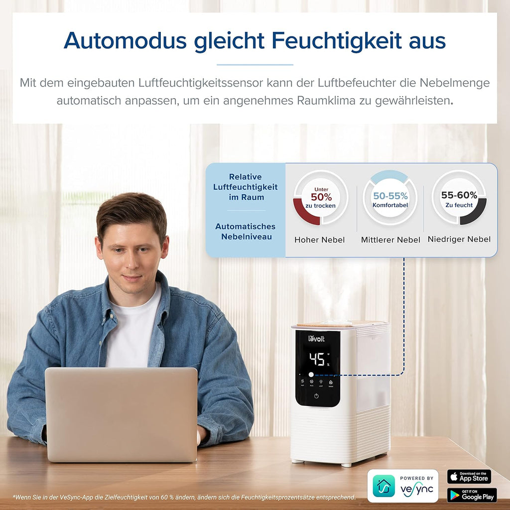 Levoit Smart Luftbefeuchter für große Räume, Top-Fill Humidifier, Warm&Kalter Nebel max 550 ml/h, bis 40㎡, leise Raumbefeuchter mit Nachtlicht für Pflanzen, Auto Shut-off, 4,5 L, Mondweiß