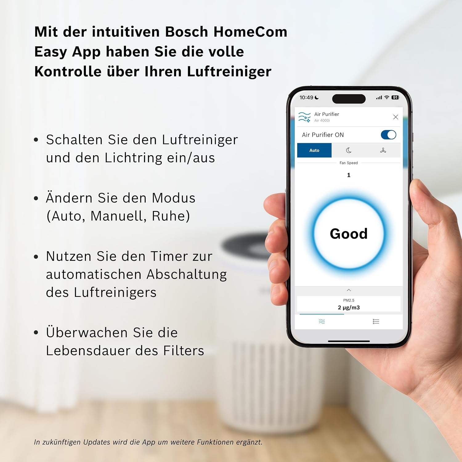 Bosch Air 4000i App-Controlled Air Purifier - For Rooms up to 62.5 m² - Removes Pollutants - With 3-in-1 Air Filter, Smart Sensor, Automatic Mode, Sleep Mode (< 25 dB(A)) - CADR: 300 m³/h