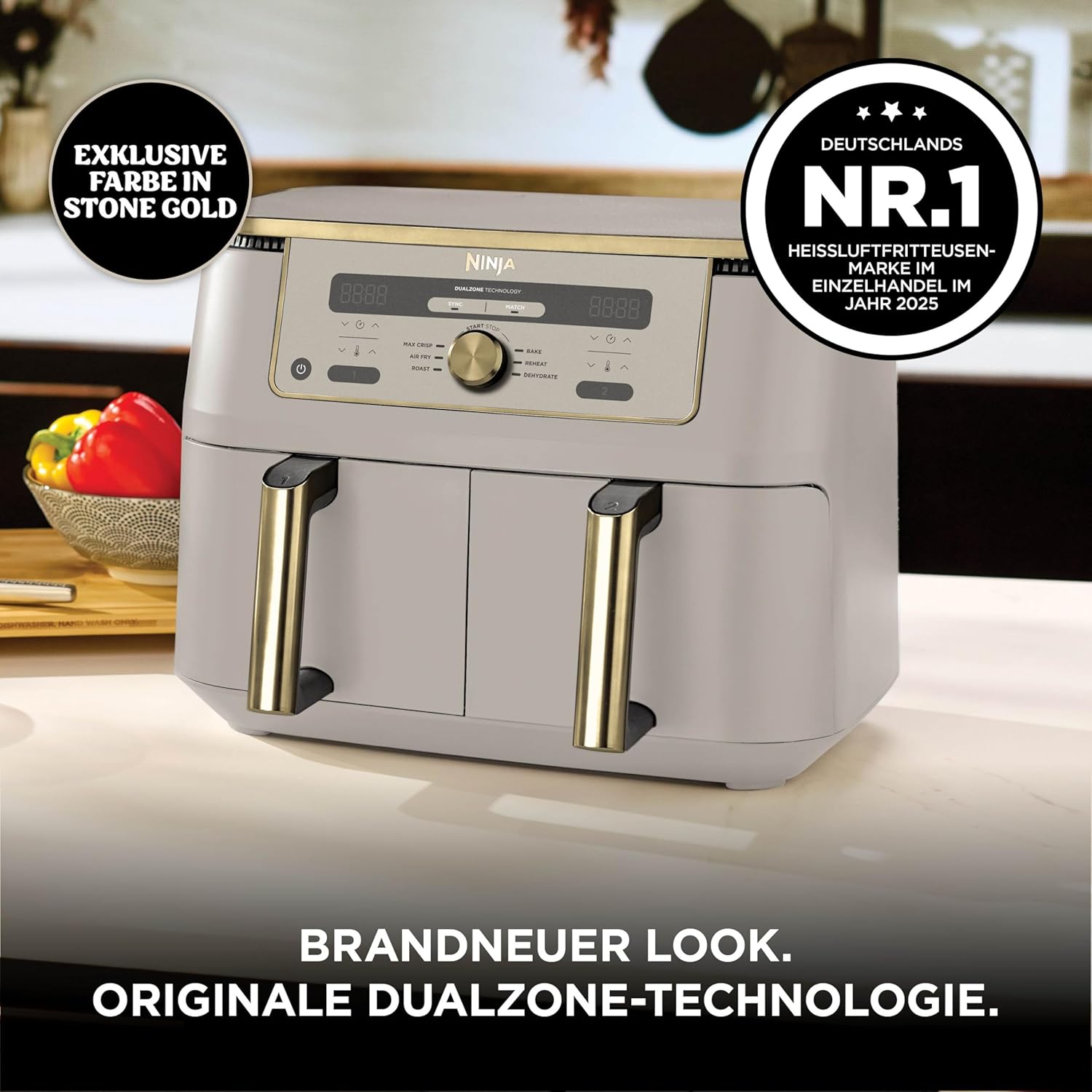 Ninja Dual Zone Digital Air Fryer, 2 Drawers, 6-in-1, Hot Air Fryer, 9.5L, Hot Air Fryer, Max Crisp, Roasting, Baking, Reheating, Dishwasher Safe Baskets, Stone/Gold DZ400EUSTGD