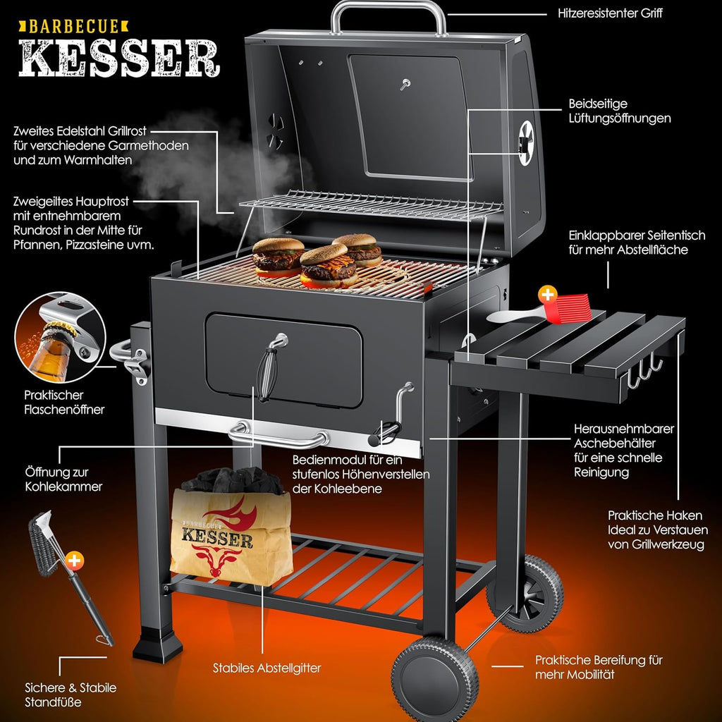 Kesser® Barbecue Trolley, XXL Charcoal Grill with Lid, Wheels, Stainless Steel Handle, Grill Grate and Thermometer, Charcoal Grill Cart, Large, for BBQ, Camping, Patio, Garden (Grey/Silver)